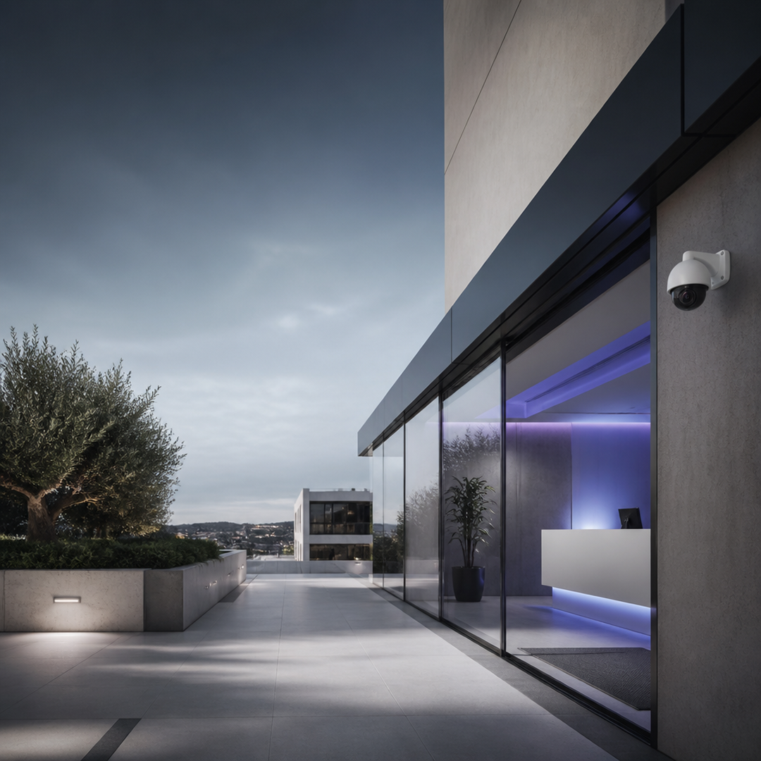 Modern building entrance with glass walls, security camera, potted plant, and illuminated reception desk.