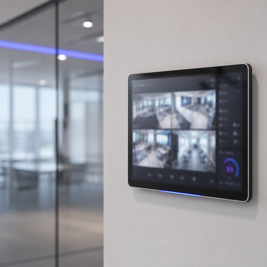 Wall-mounted screen in office showing various graphs, charts, and a map on a dark interface.