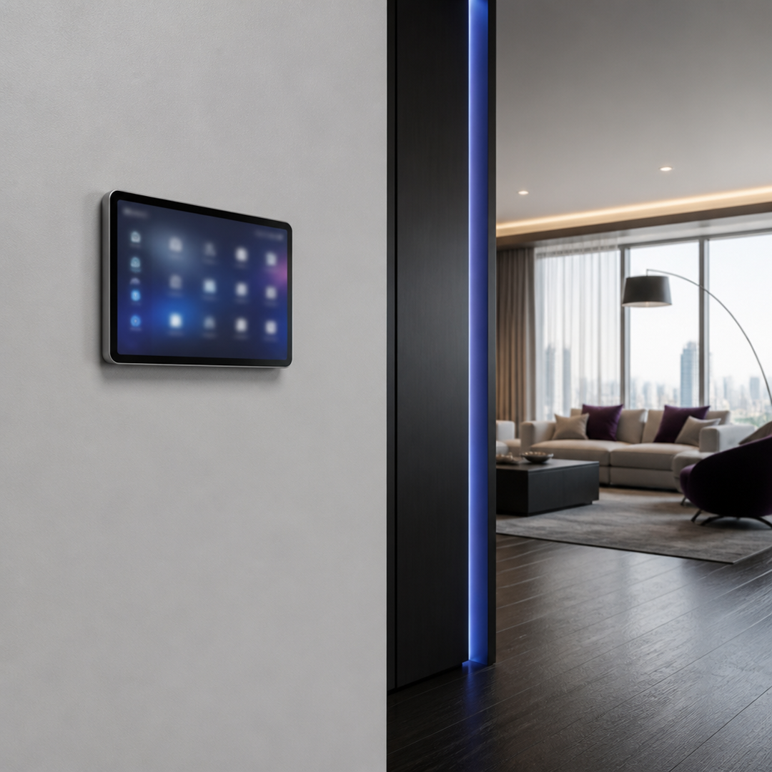 Flat screen on wall showing various blue and purple data charts and graphs in modern office.