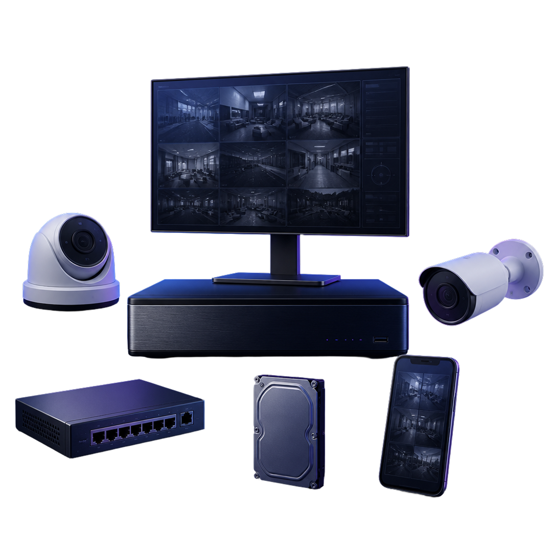 3D office floorplan model surrounded by server, switch, desktop PC, camera, and network devices.
