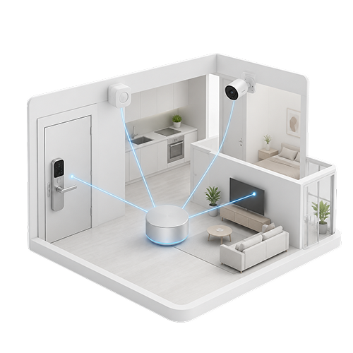 3D model of a smart home showing a central device connecting door lock, security cameras, and TV.
