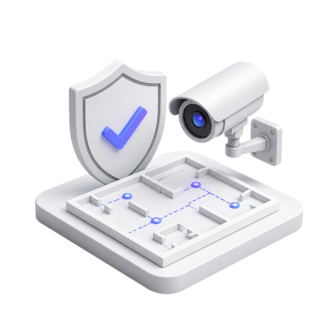 3D security camera, shield with checkmark, and floor plan with blue path and points.