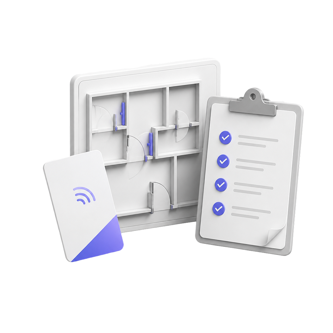 3D model of a building floor plan, a checklist clipboard, and a card with a Wi-Fi symbol.