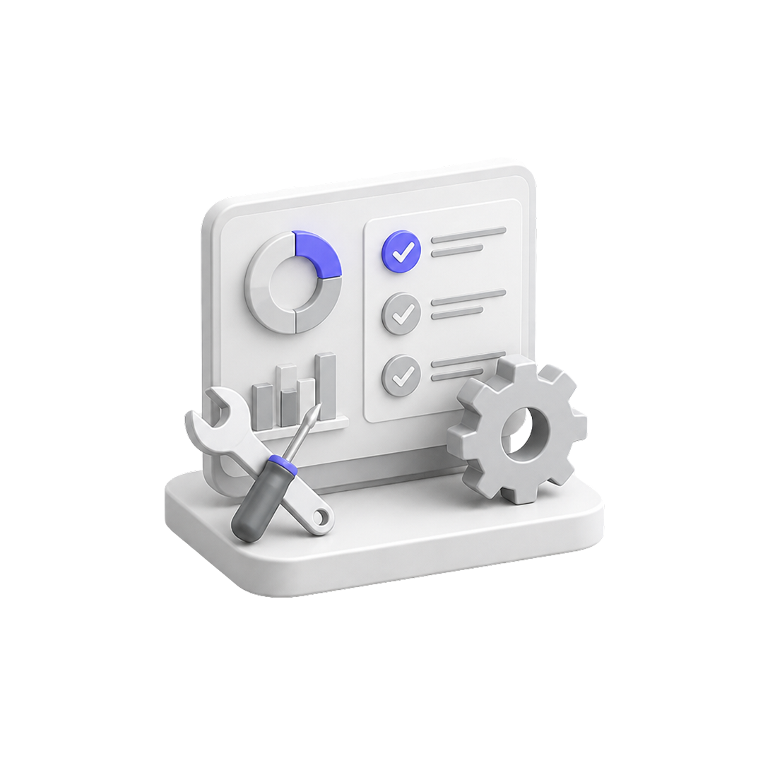 3D chart and checklist with a wrench, screwdriver, and gear representing settings or maintenance.