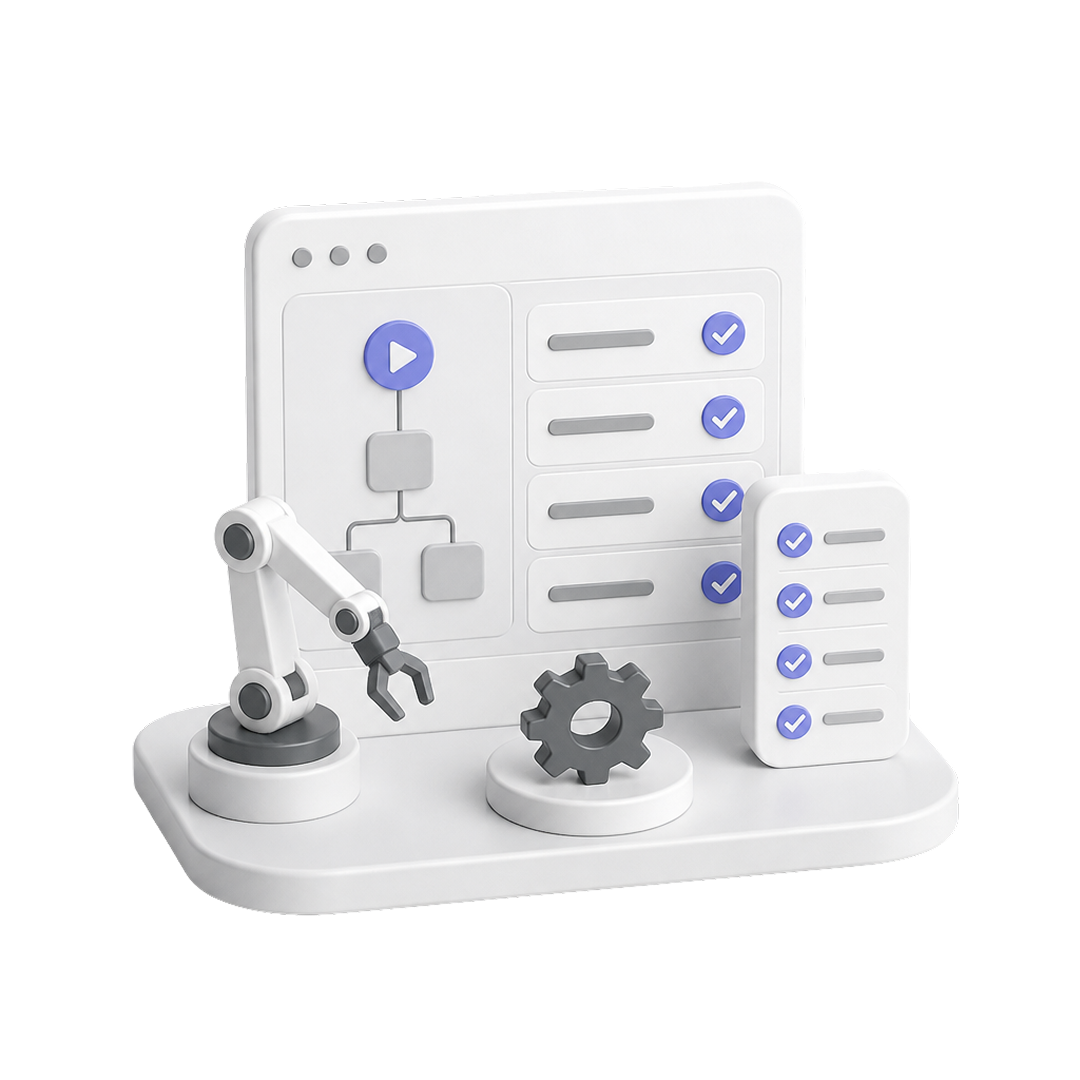 3D robotic arm with gear and checklist icons on a platform resembling automation software.