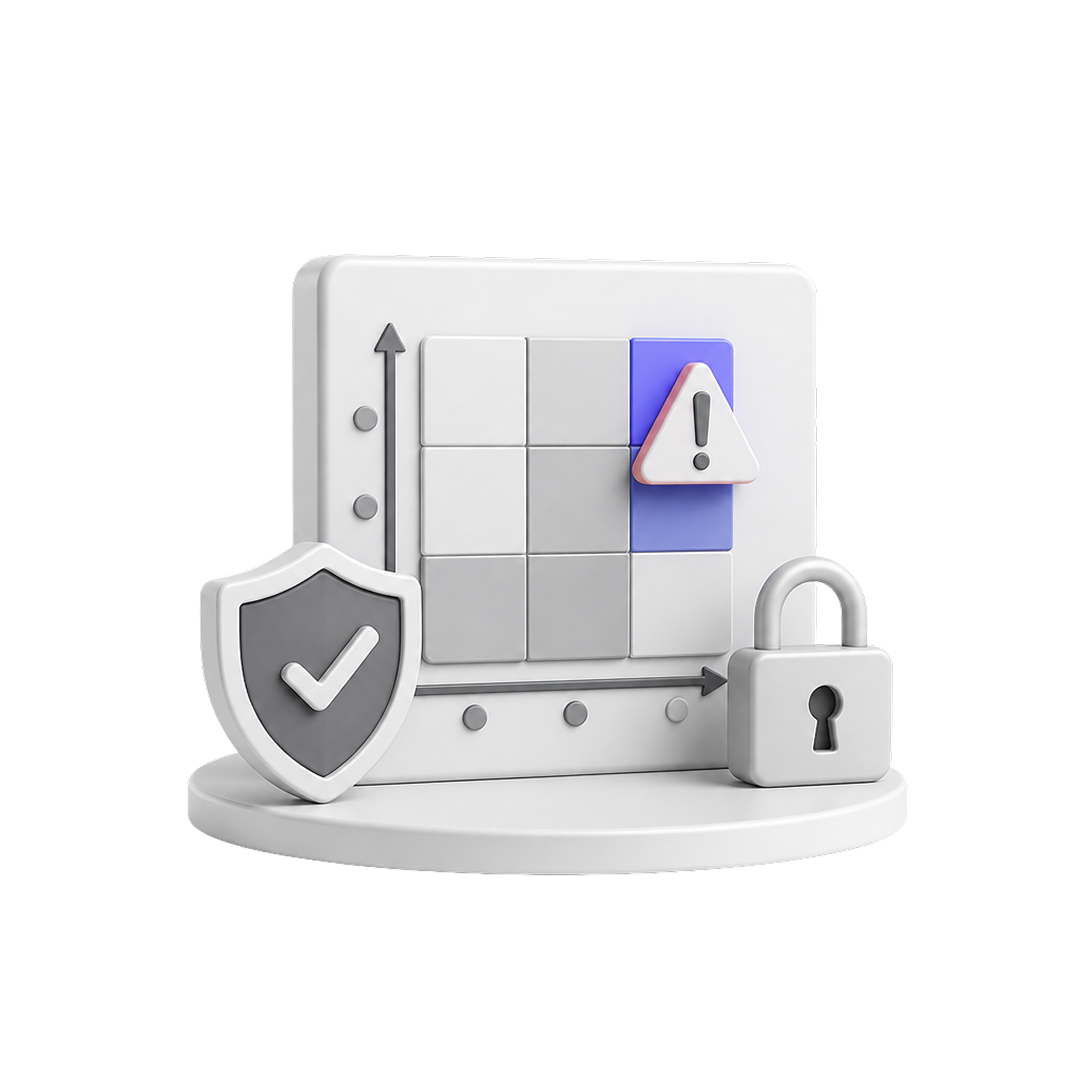 3D graph with shield, lock icons, and warning symbol on a blue square.