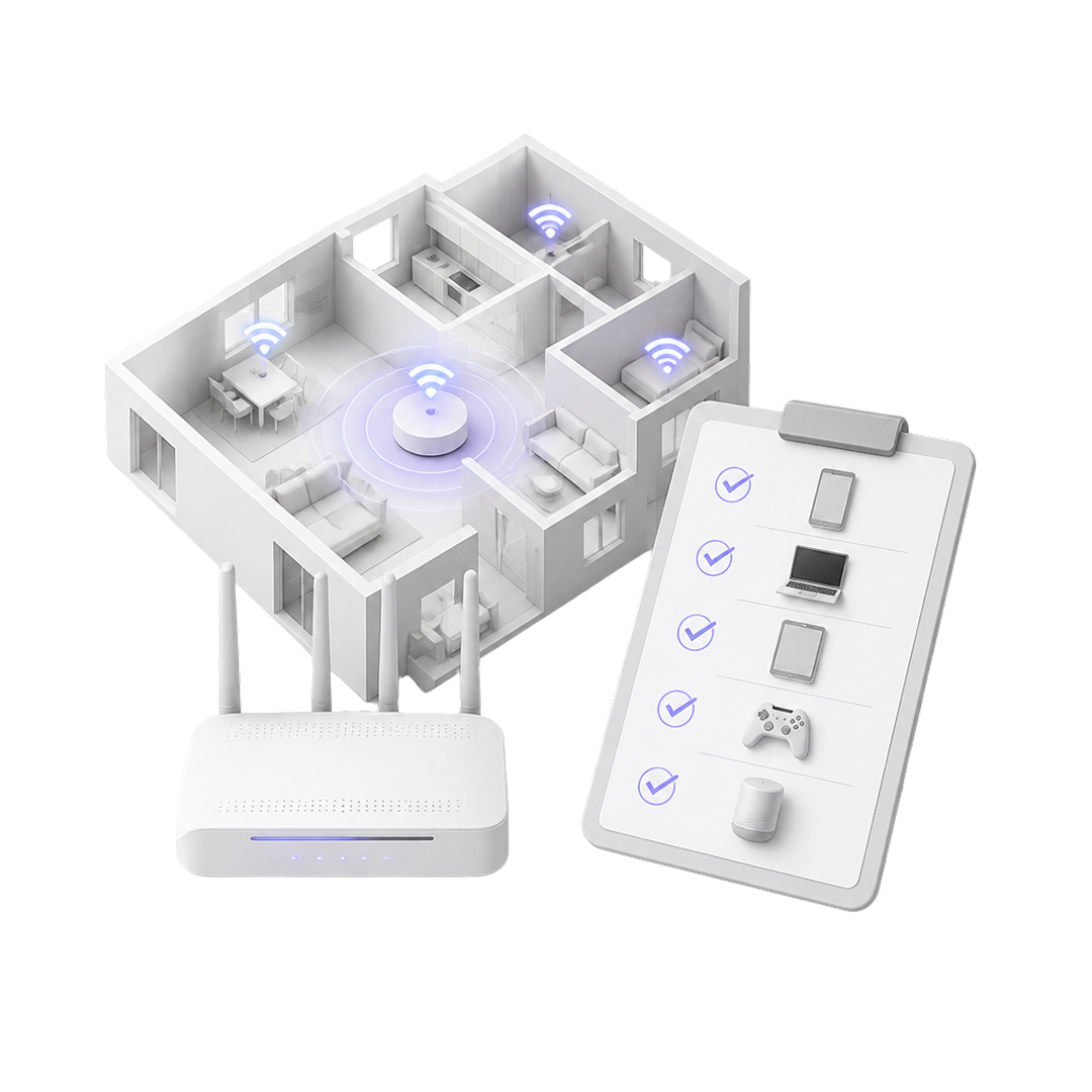 Router, smart home floor plan with WiFi signals, and a checklist of connected devices on a clipboard.