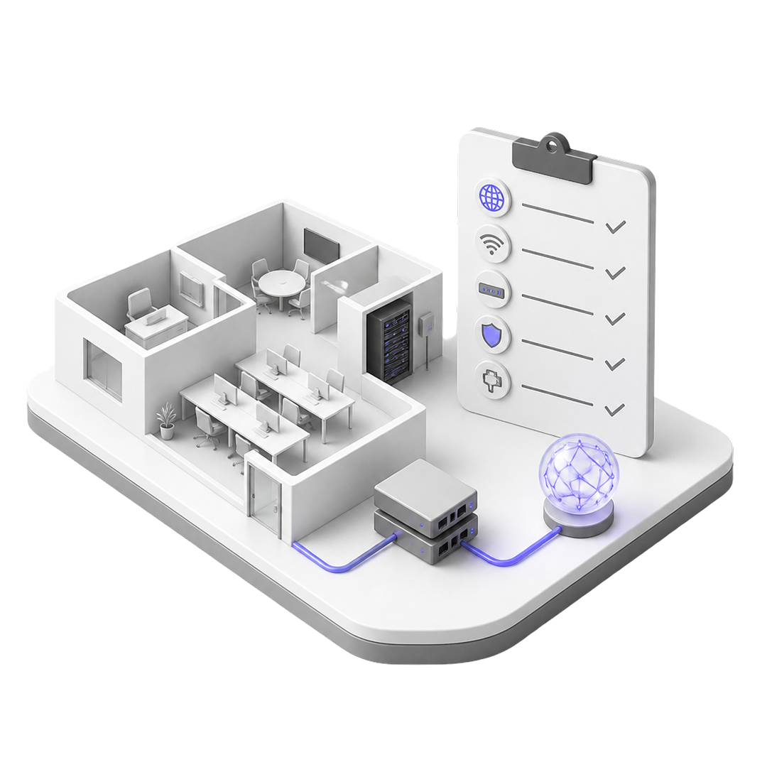 3D office model with computers, servers, network devices linked to a checklist with tech icons.