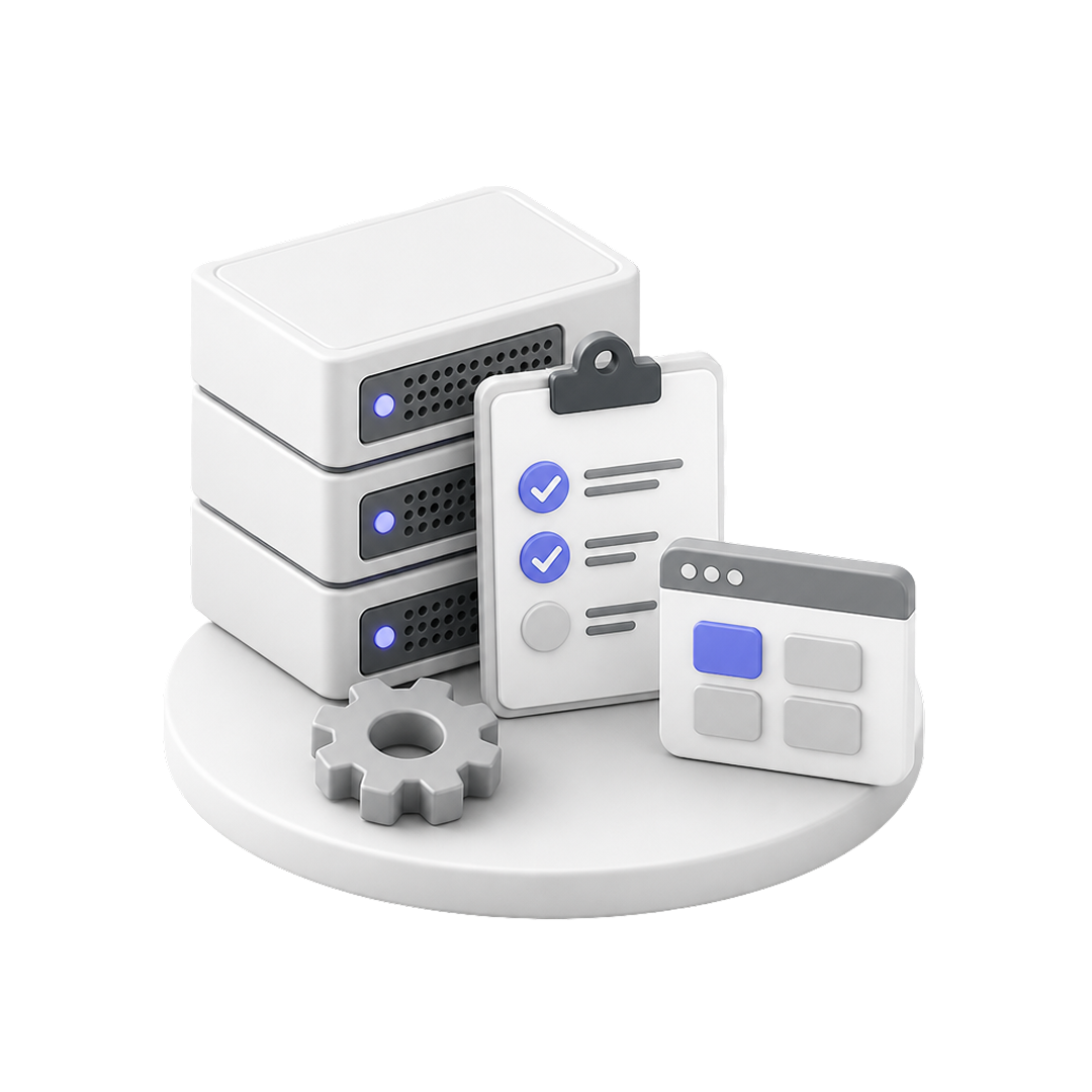 Three stacked server units with a checklist clipboard, settings gear, and a browser window icon on a round base.