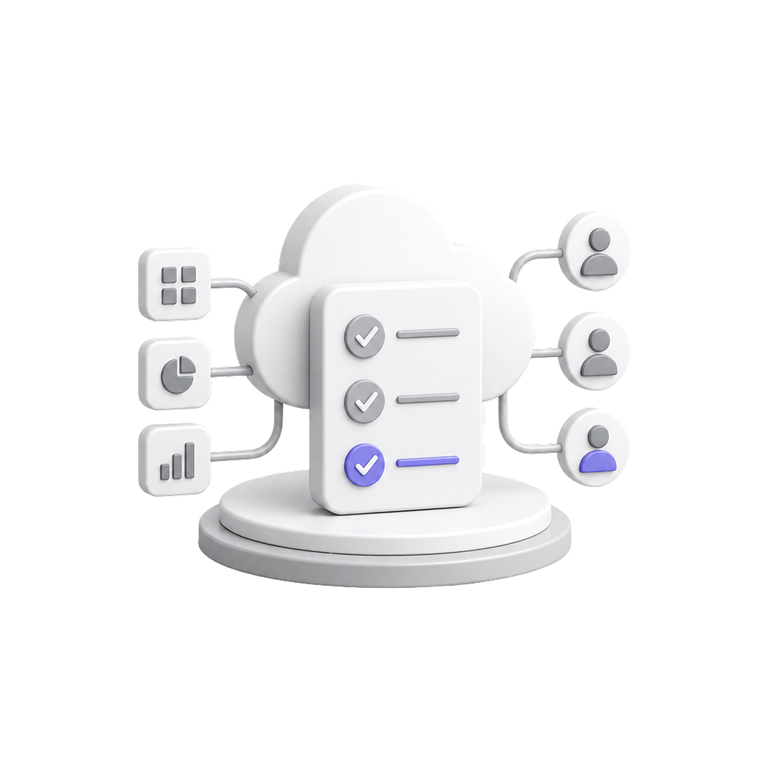 3D cloud icon connected to checklist, charts, and user profile icons on a platform.