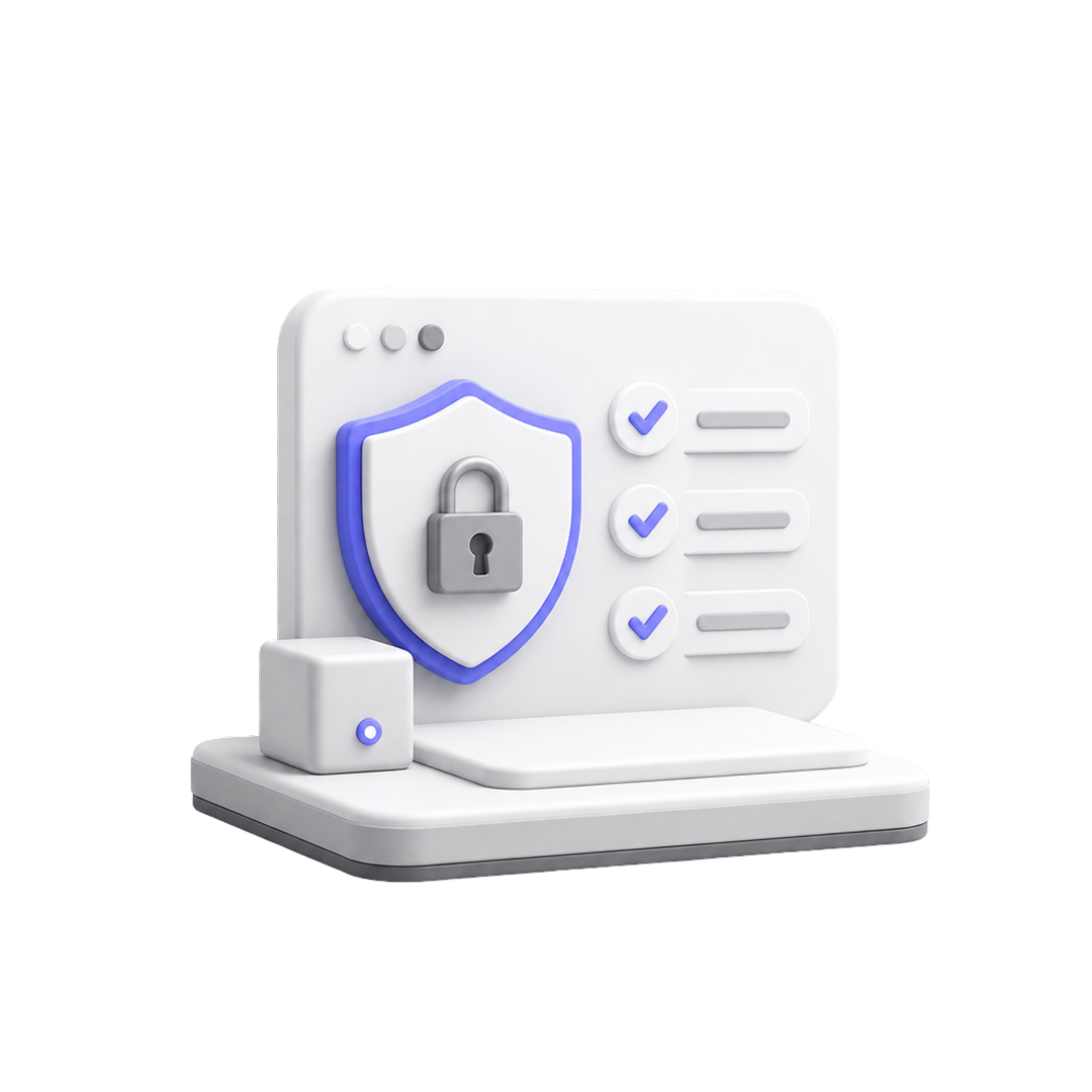 3D illustration of a digital security shield with a lock and a checklist on a device screen.