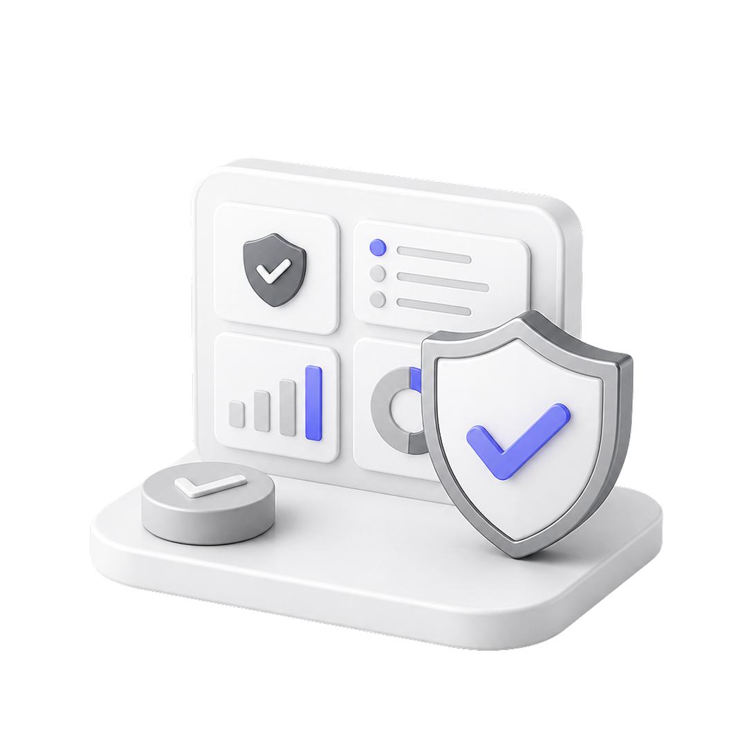 3D shield icons with checkmarks in front of a data dashboard on a white platform.
