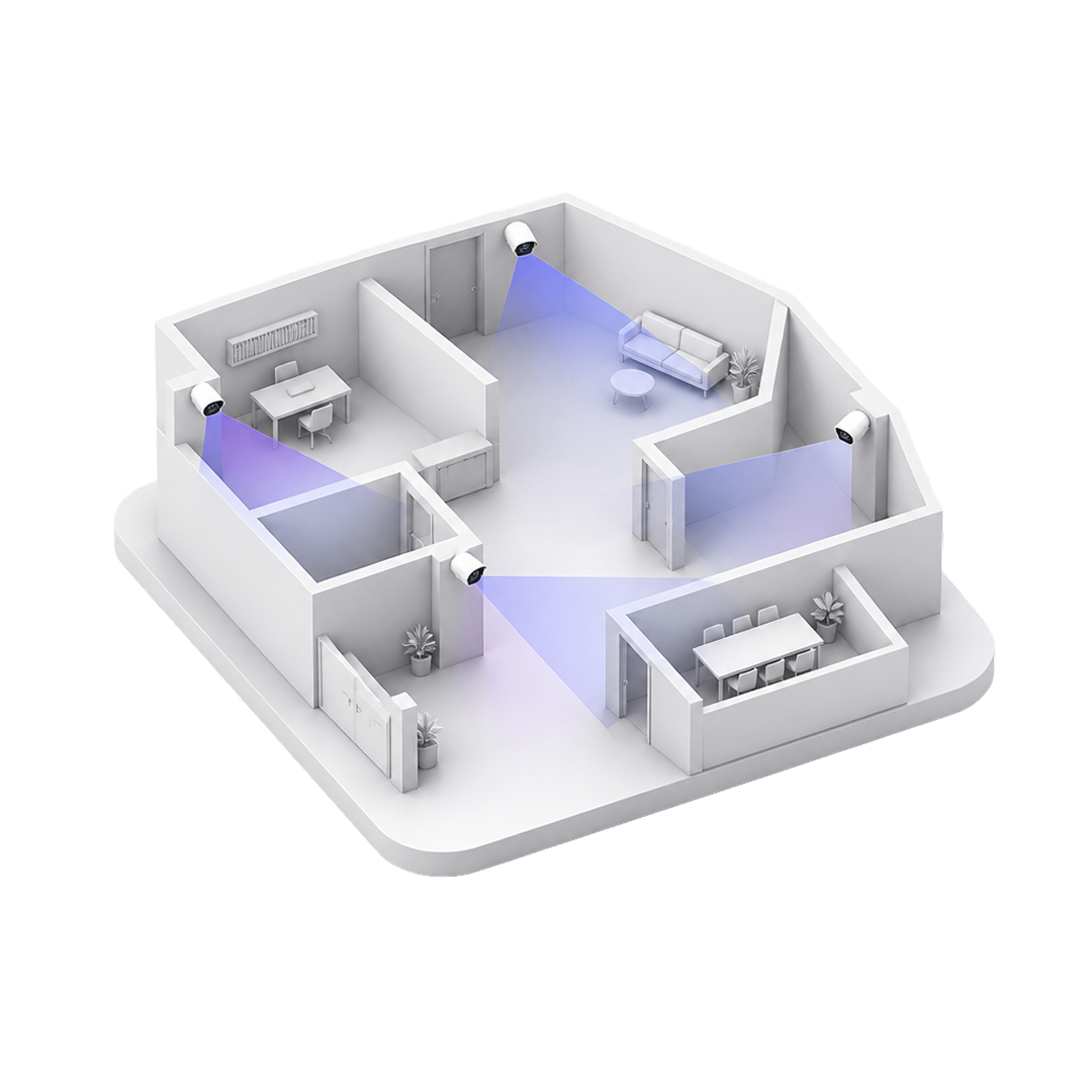 3D floor plan of an office with security cameras monitoring multiple rooms with blue detection zones.