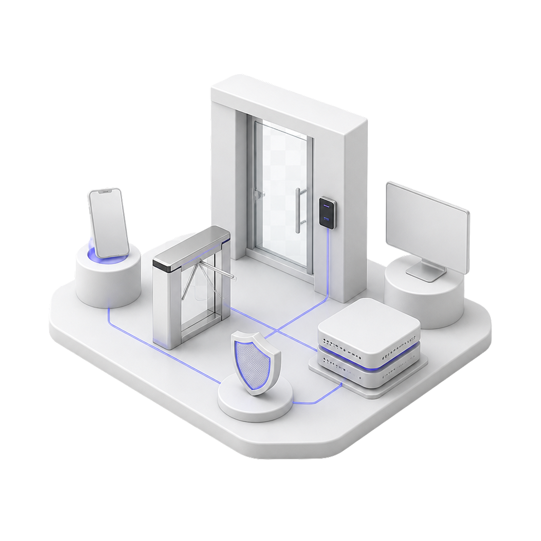 3D model of a security system with a turnstile, shield, door, smartphone, servers, and monitor linked by blue lines.