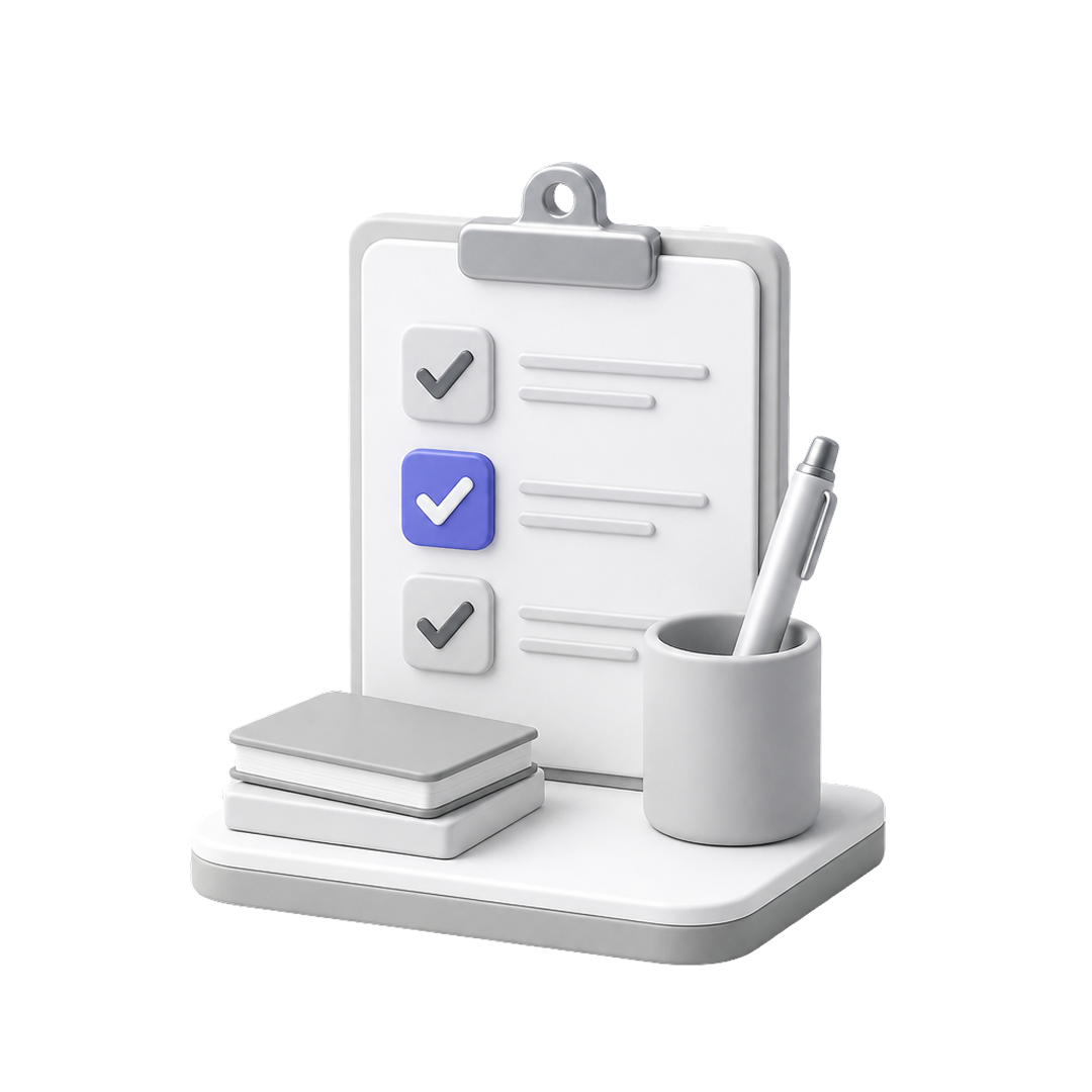 3D clipboard with checklist, pen in holder, and two stacked notebooks on a white base.