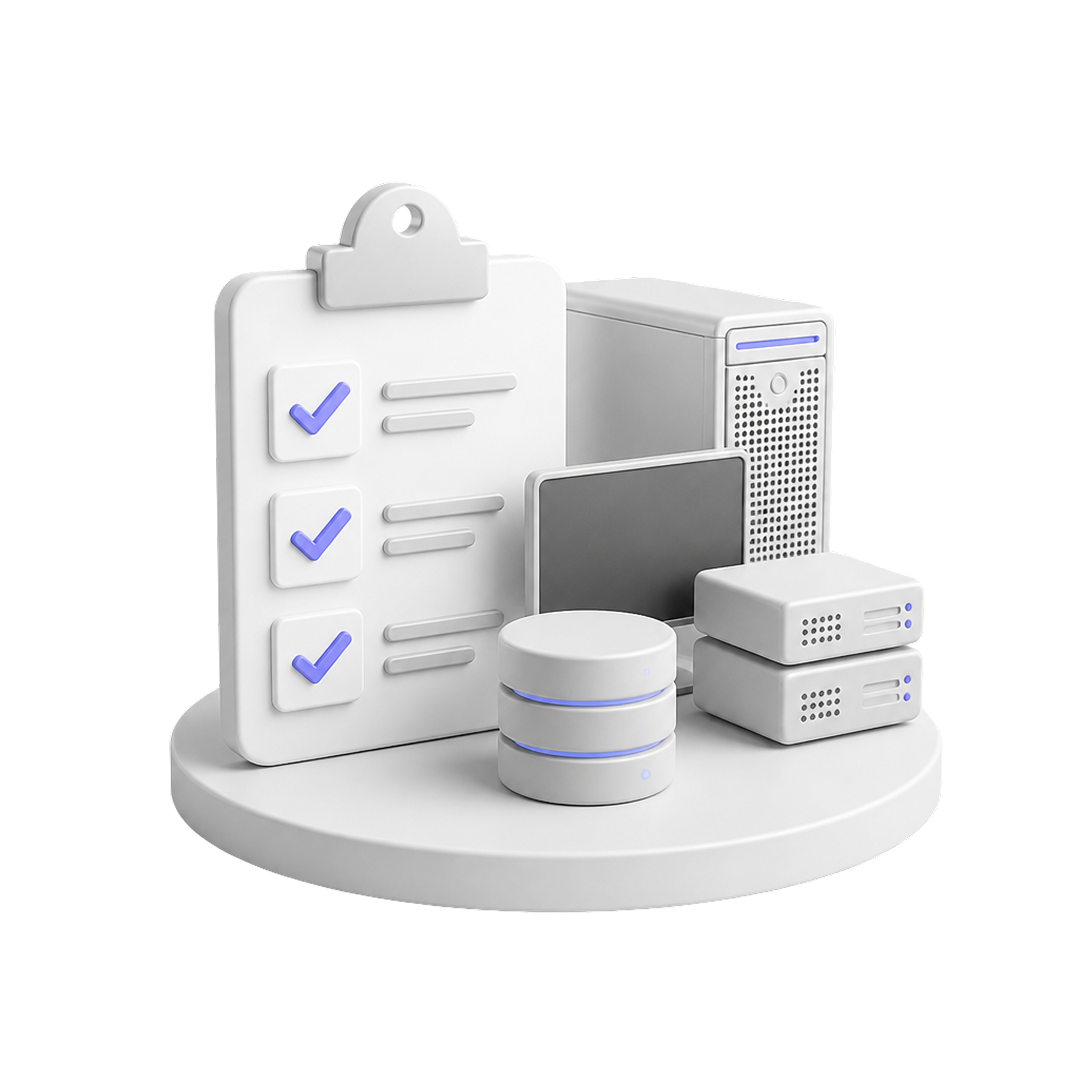 3D render of server hardware and a checklist with three blue check marks on a round platform.