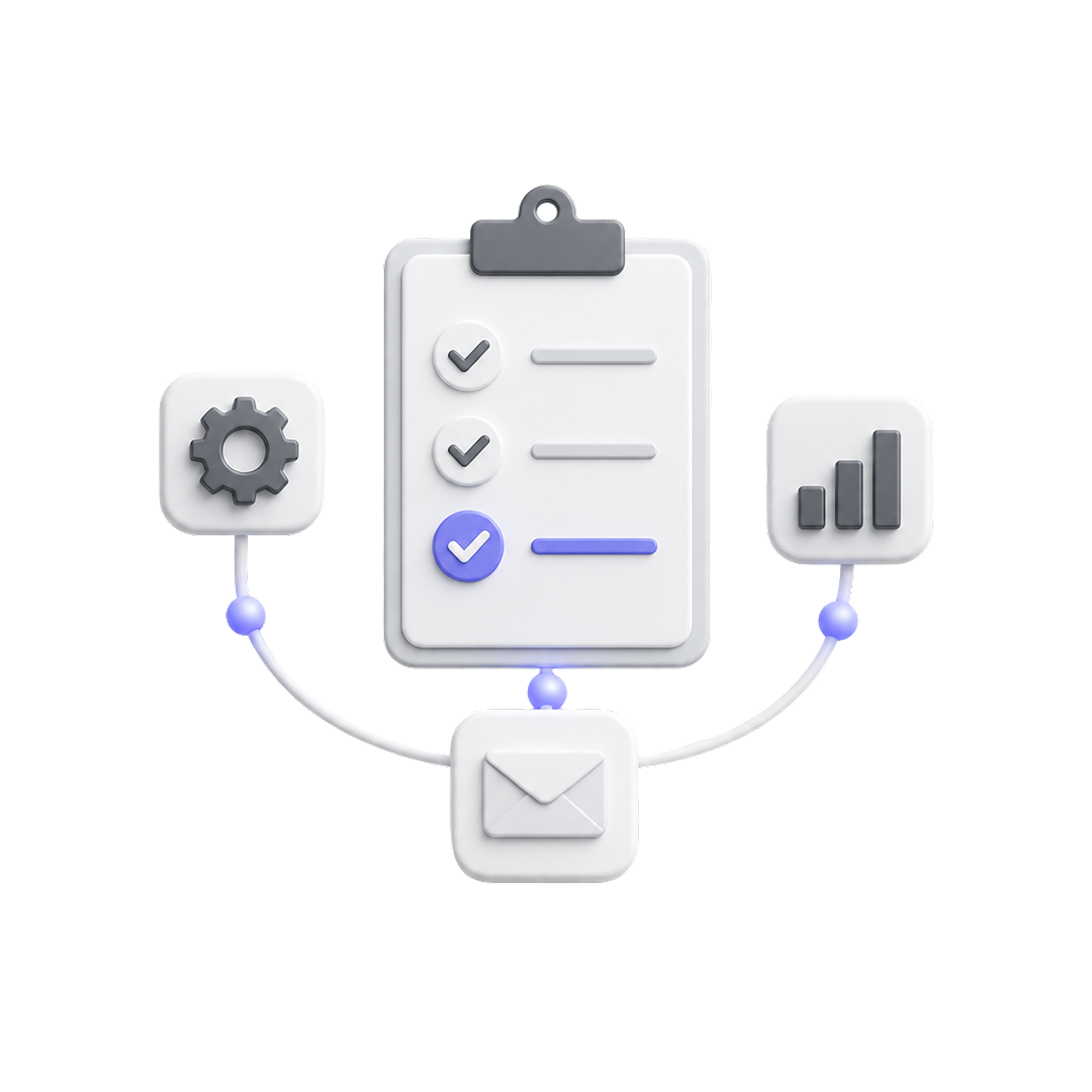 Clipboard with checklist connected to icons of settings gear, email envelope, and bar chart.