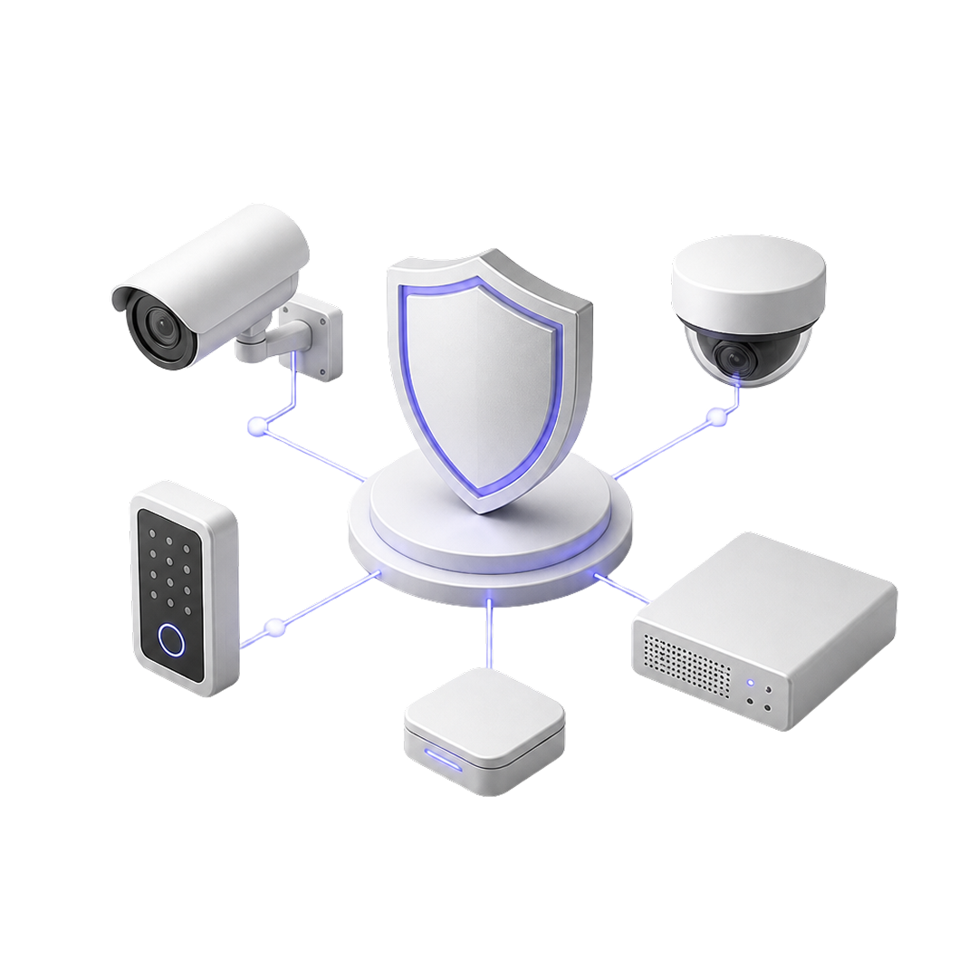 Security system network with shield icon linked to cameras, keypad, and control devices in white.