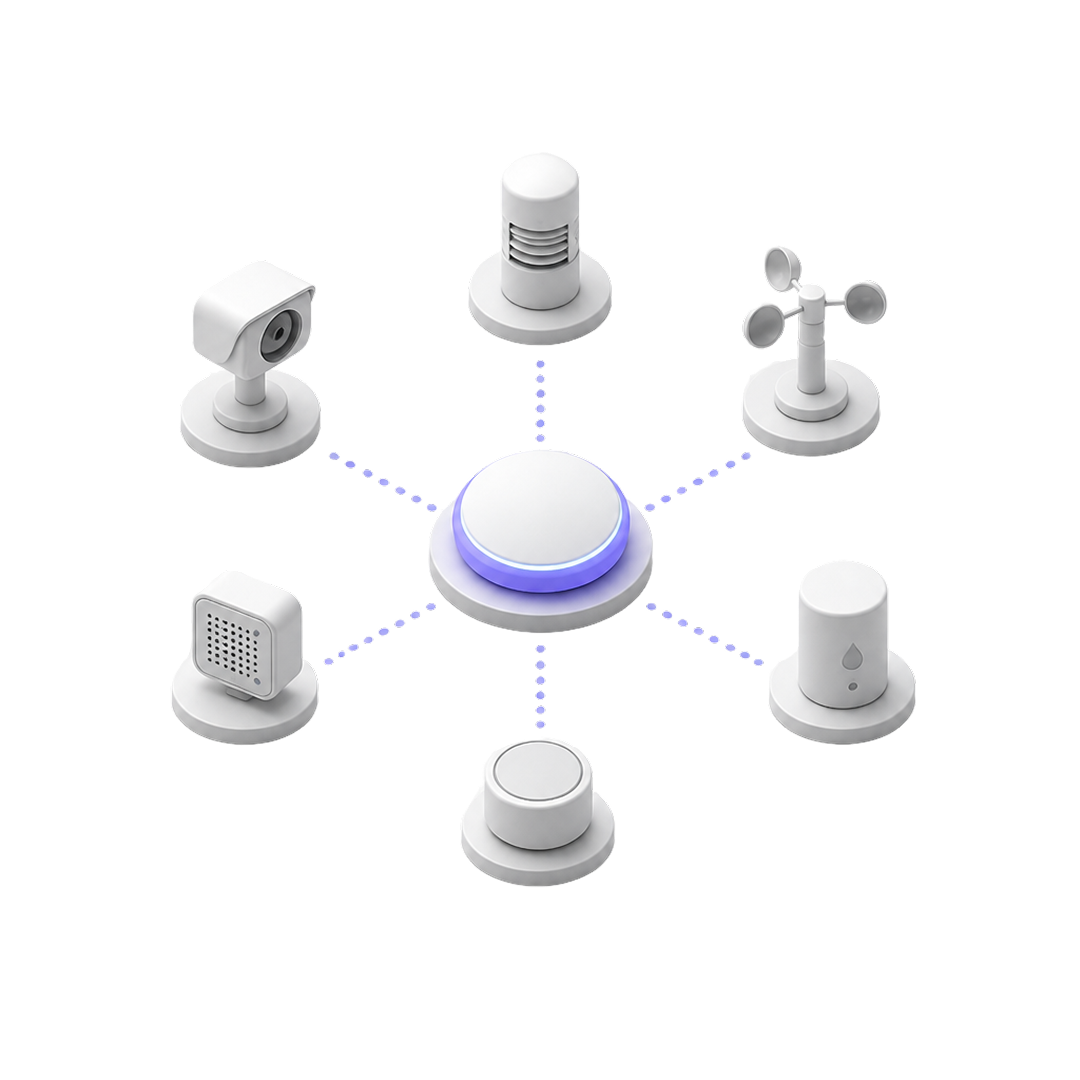Central hub device connected to various smart home sensors and gadgets arranged around it.