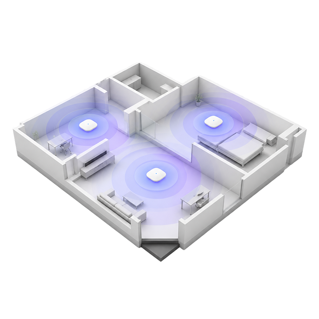 3D floor plan of apartment with three Wi-Fi routers emitting signal waves in each room.