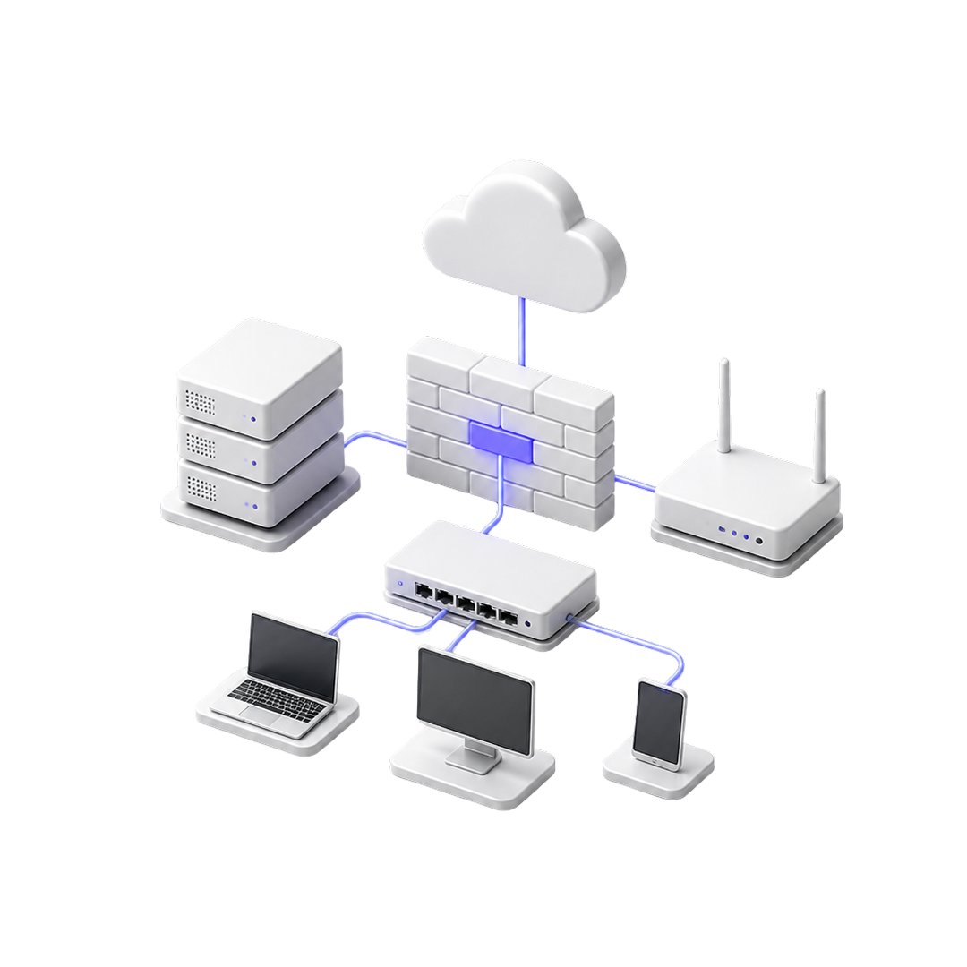 Network diagram showing cloud, firewall, router, server stack, laptop, desktop, and smartphone connected.