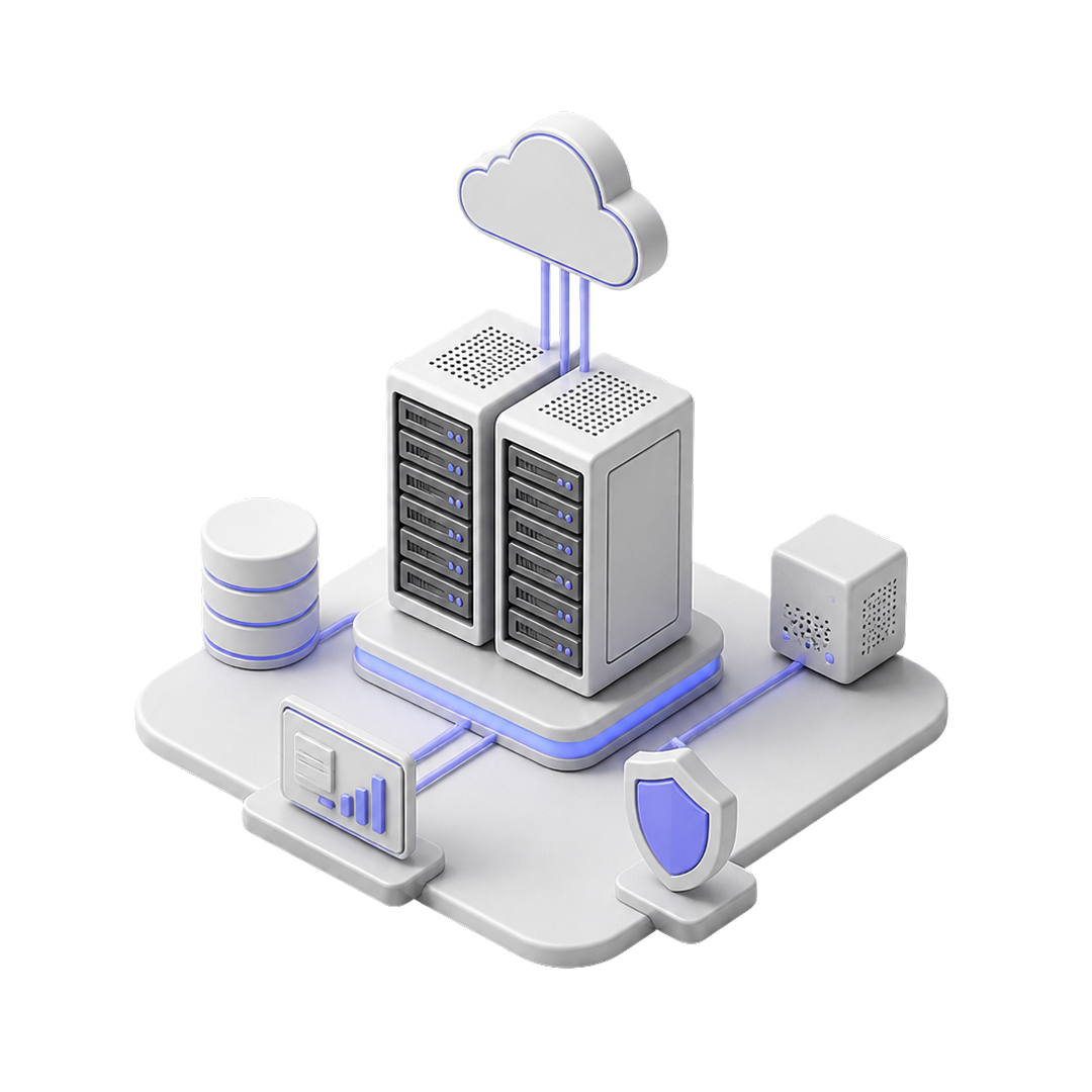 3D network concept with server towers connected to cloud, database, security shield, cube, and data chart.