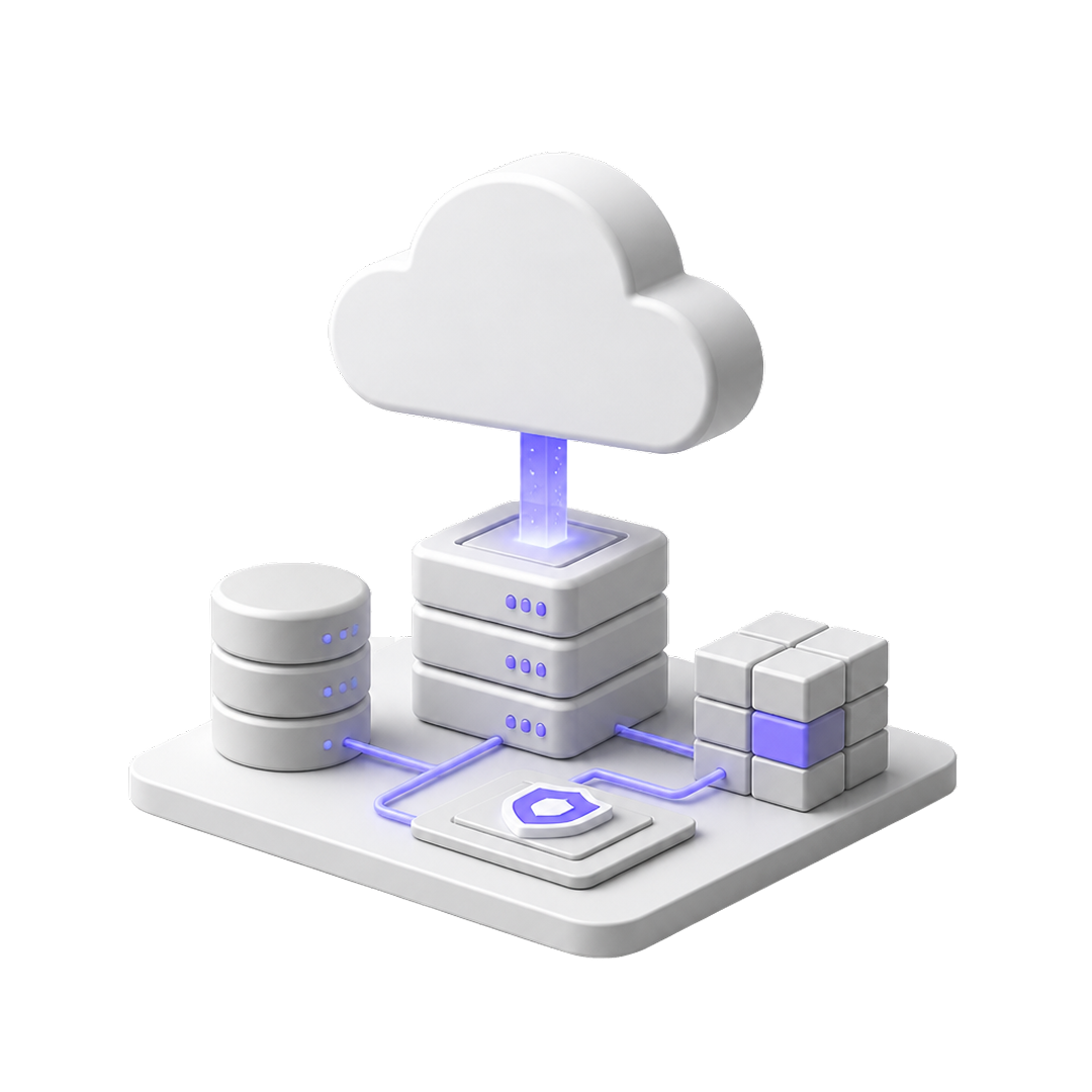 3D cloud computing icon connected to server stacks, database, shield, and a cube on a platform.