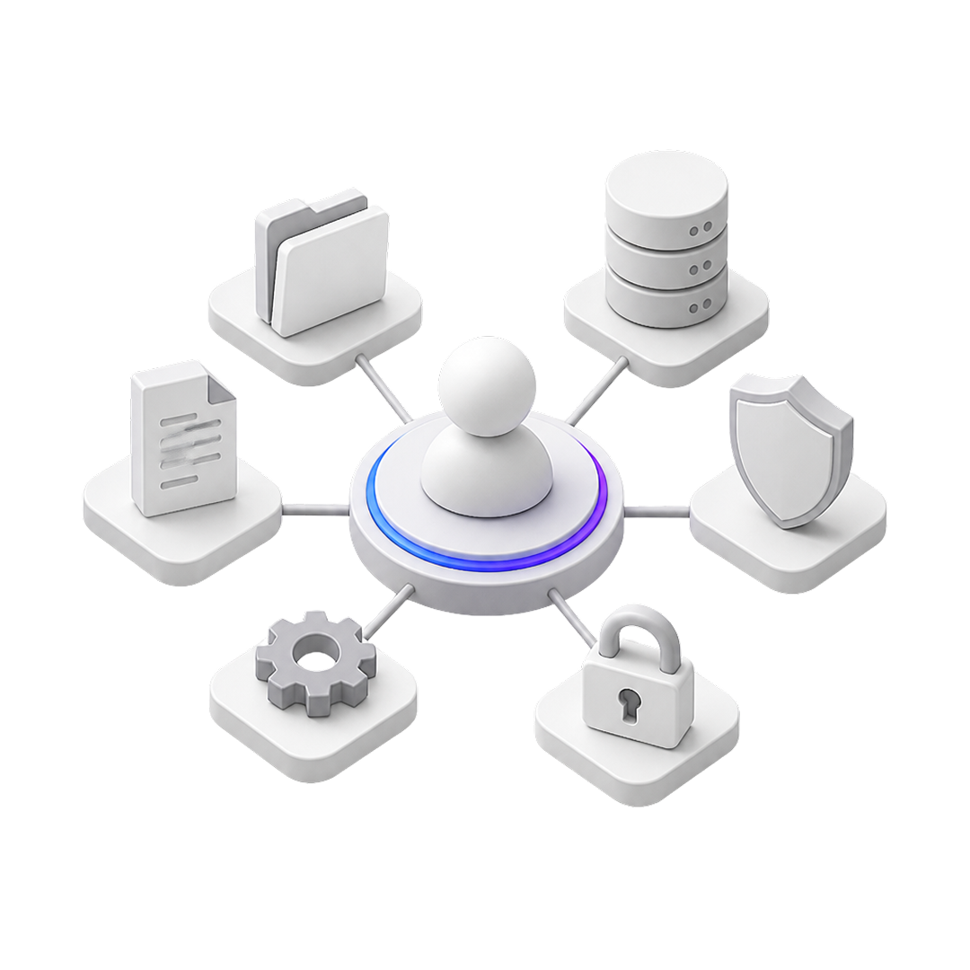 User icon connected to folder, database, shield, padlock, gear, and document icons in a network.