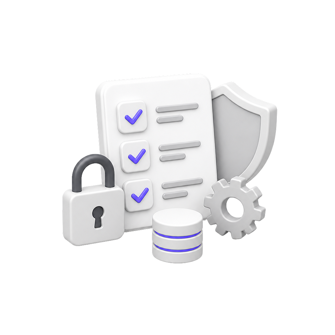 Checklist, lock, database, gear, and shield icons symbolizing security and data protection.
