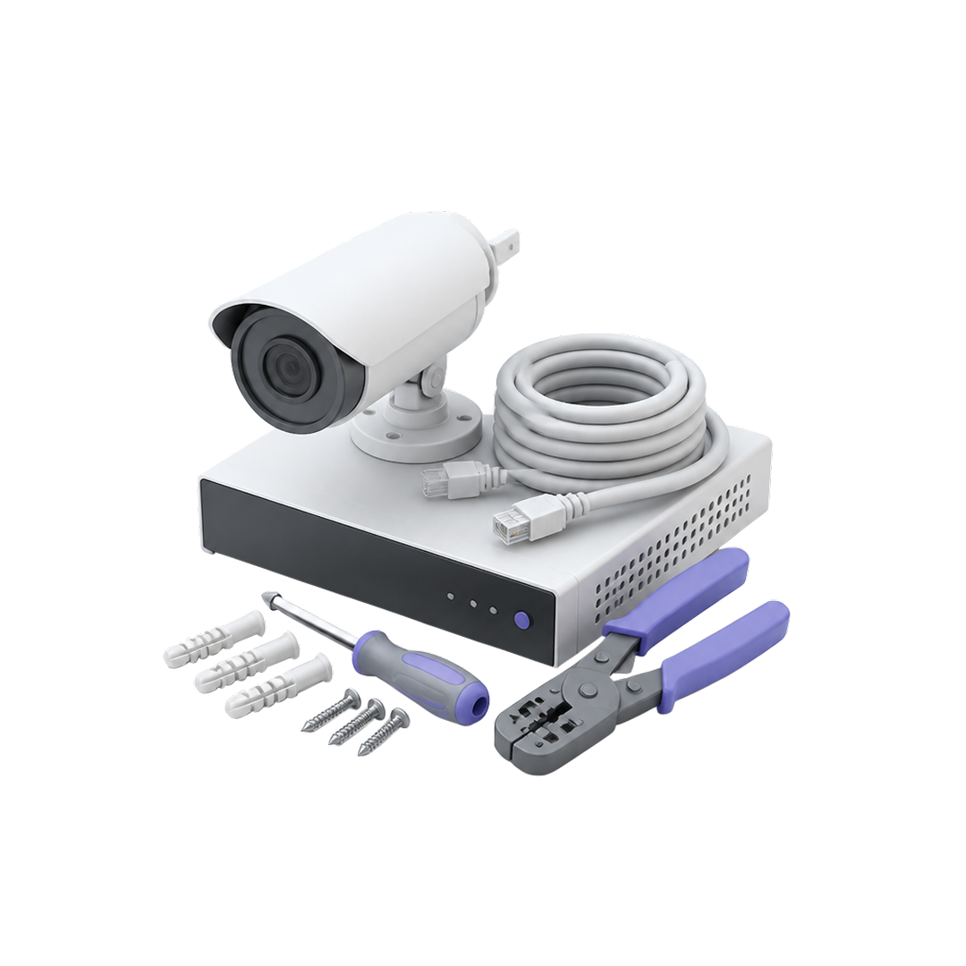Surveillance camera kit with camera, cable, DVR box, screwdriver, screws, wall plugs, and crimping tool.