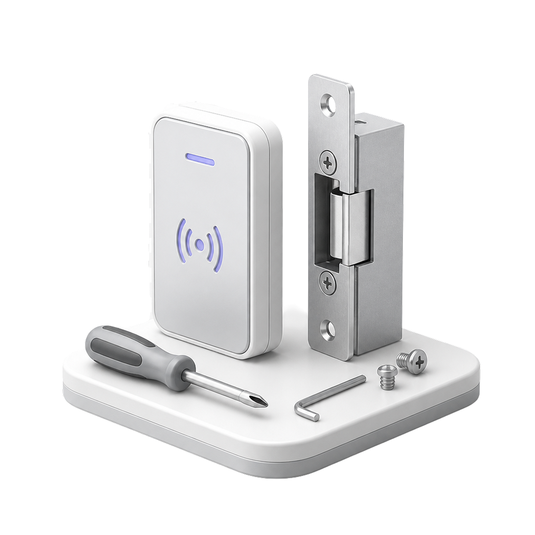 Electronic door lock kit with keypad unit, latch, screwdriver, hex key, and screws on a white base.