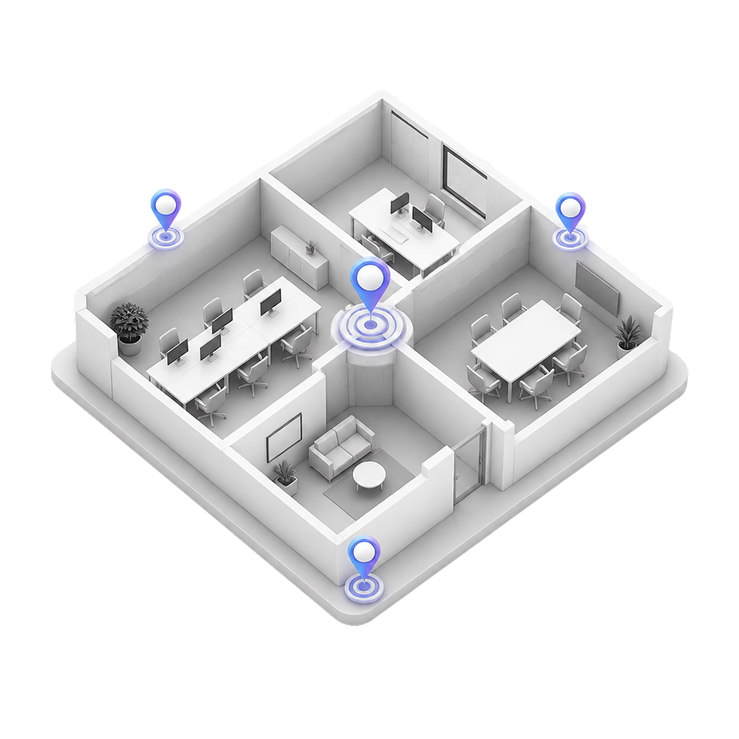 3D office floor plan with desks, computers, chairs, sofa, plants, and location markers in rooms.