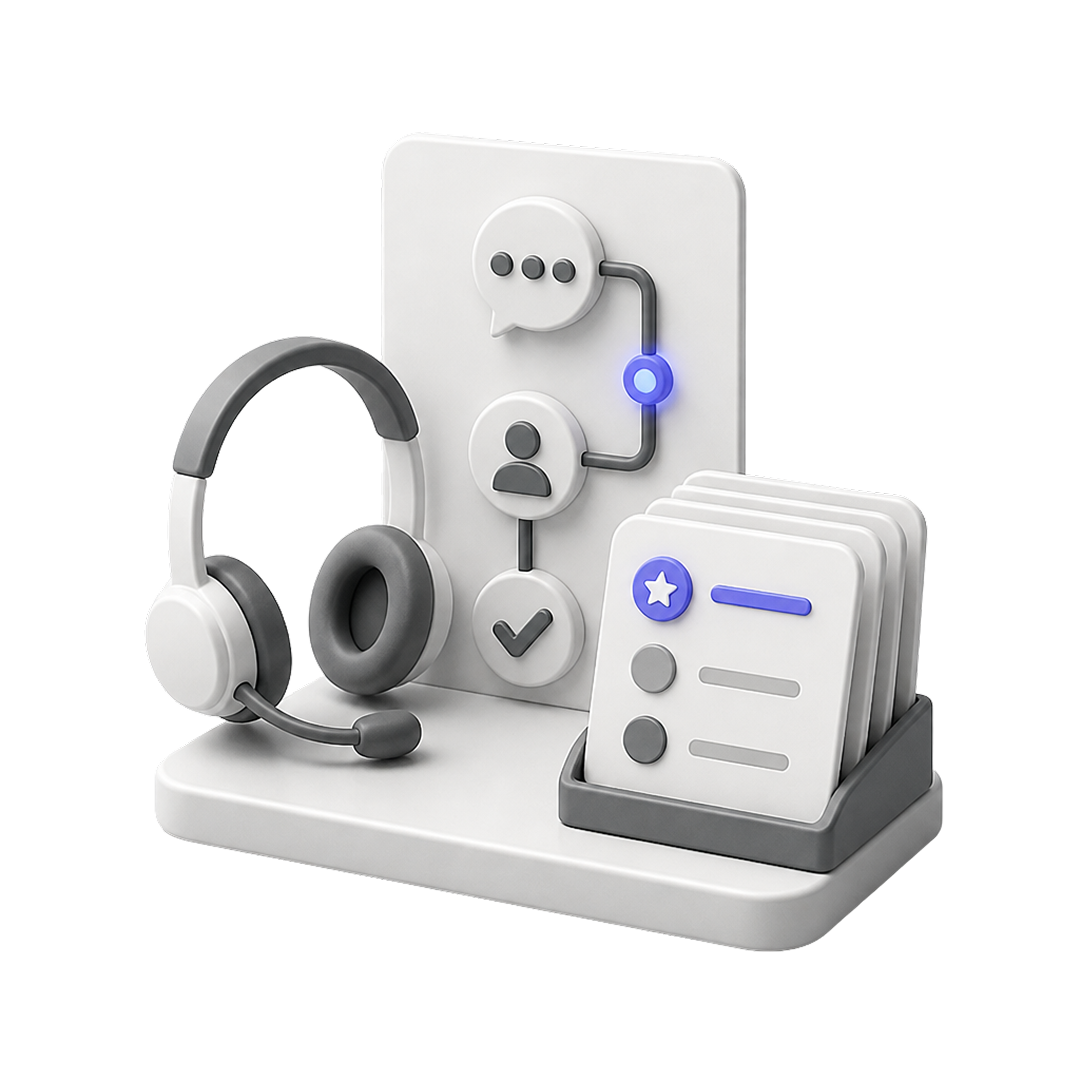 3D headset with microphone, connected flowchart, and a stack of checklist cards on a stand.