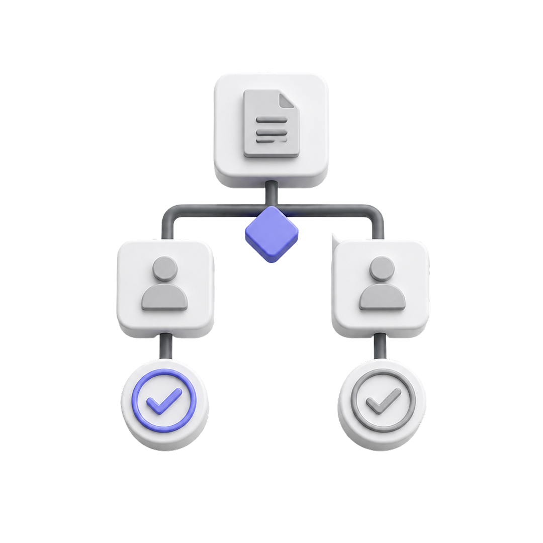 Flowchart with document icon connected to two user icons, each linked to checkmark symbols.