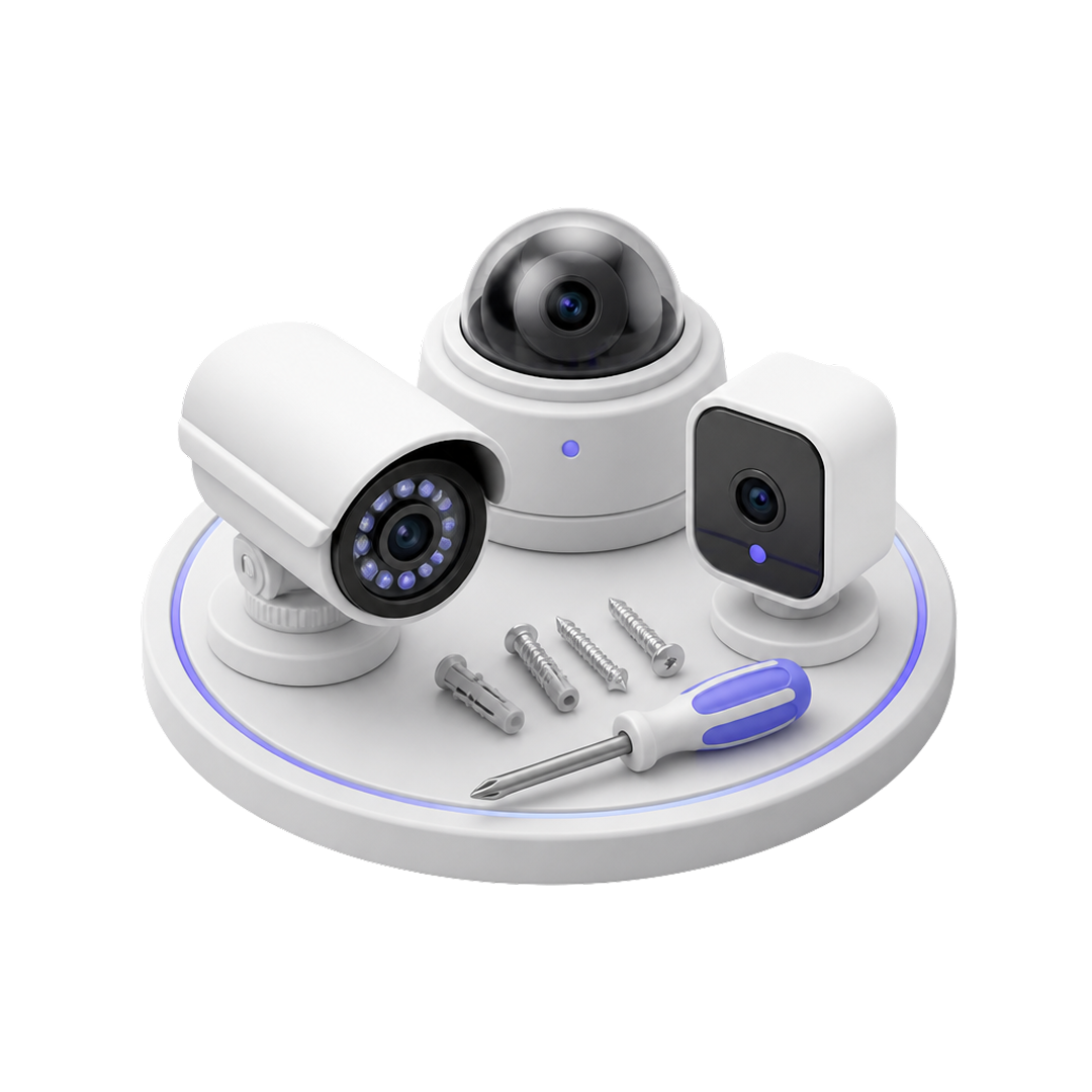 Three white security cameras with mounting screws and a screwdriver on a white circular base.