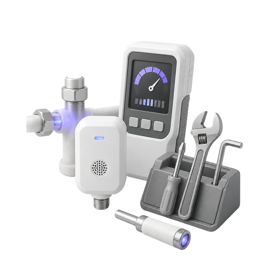 Set of white and gray smart plumbing tools including sensor, wrench, screwdriver, and control device.