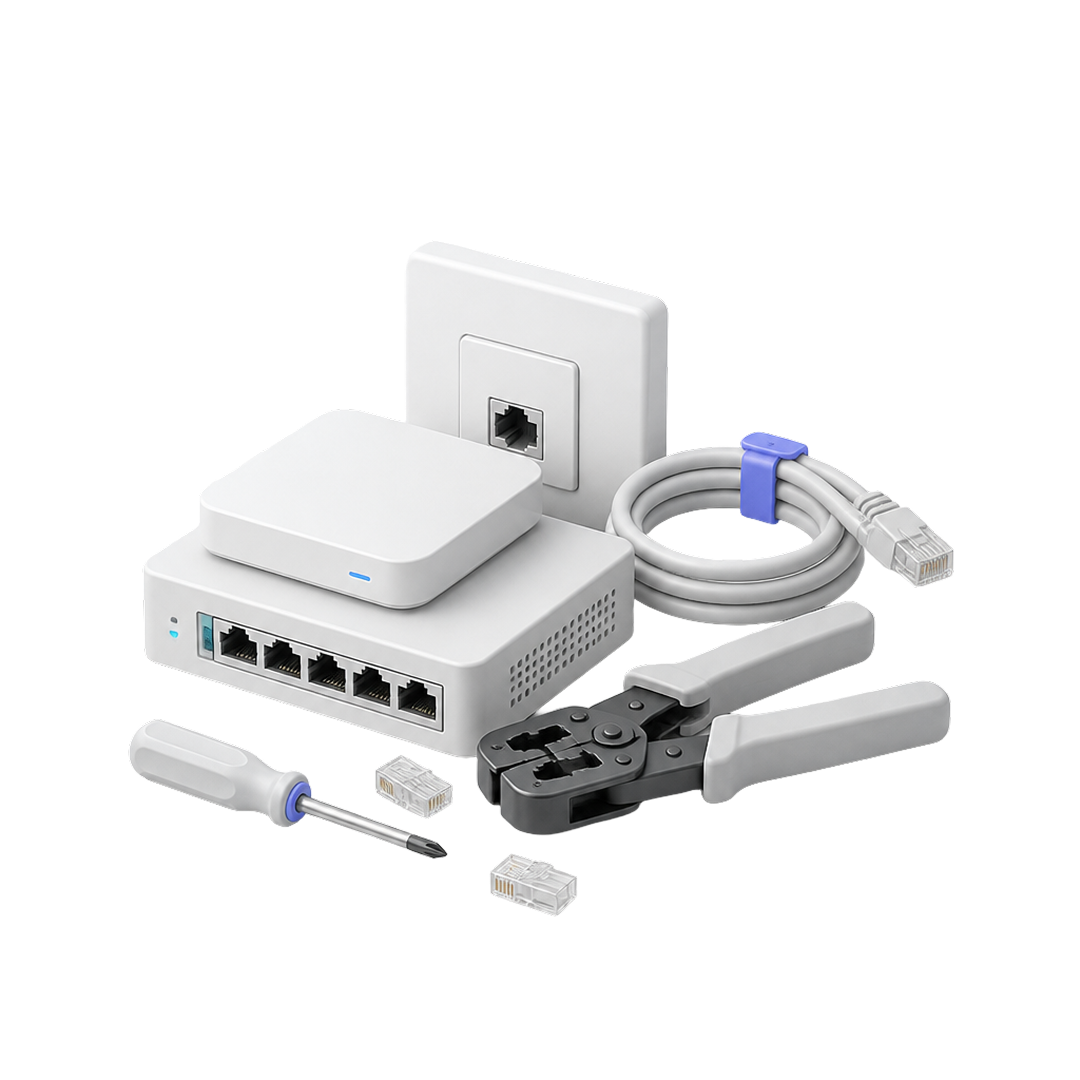Router setup kit with RJ45 wall socket, Ethernet cable, crimping tool, screwdriver, and connectors.