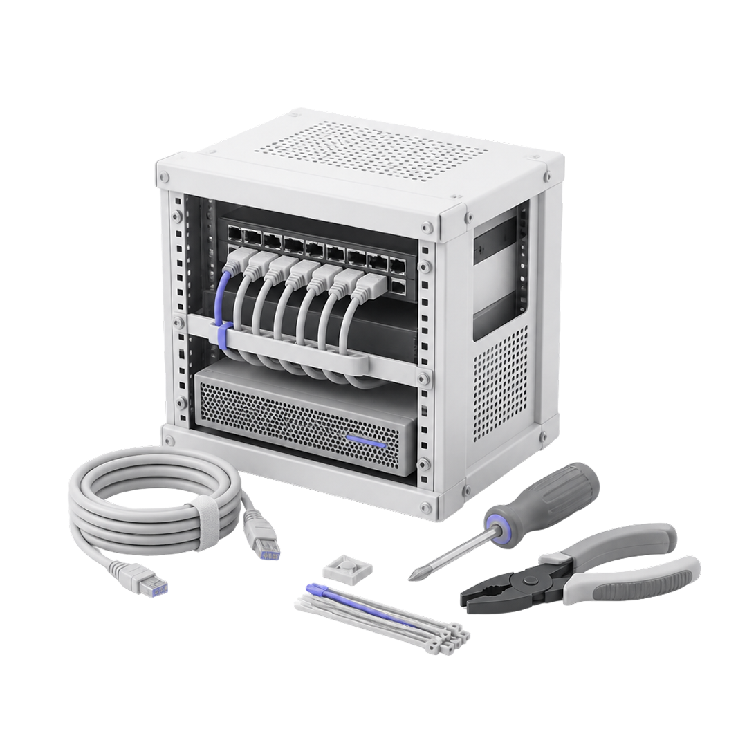 Compact network server with cables, screwdriver, pliers, and zip ties arranged around it.