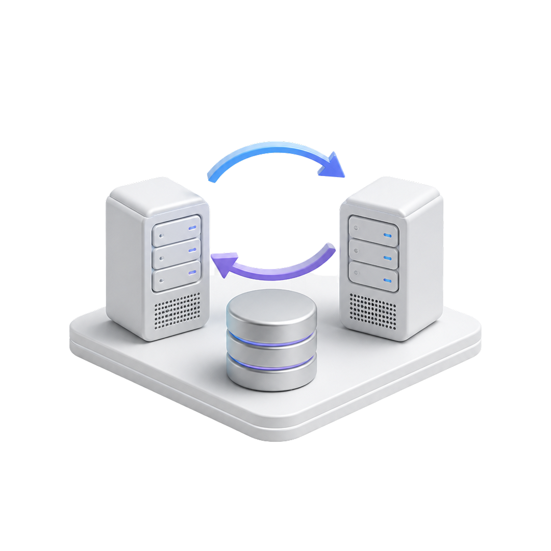 Two servers exchanging data with a central database using blue and purple circular arrows.