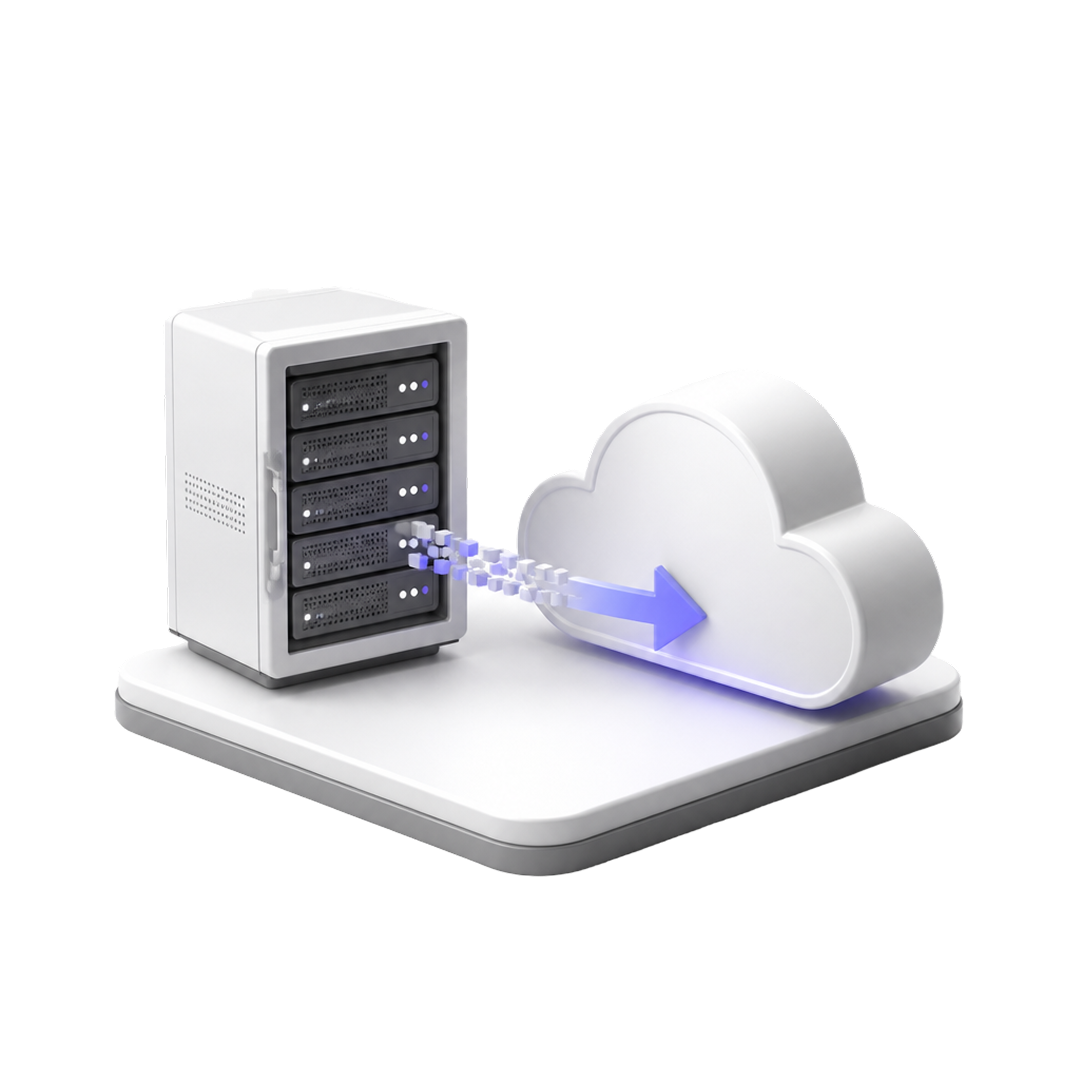 Server unit transferring data to a cloud icon with a blue glowing arrow.