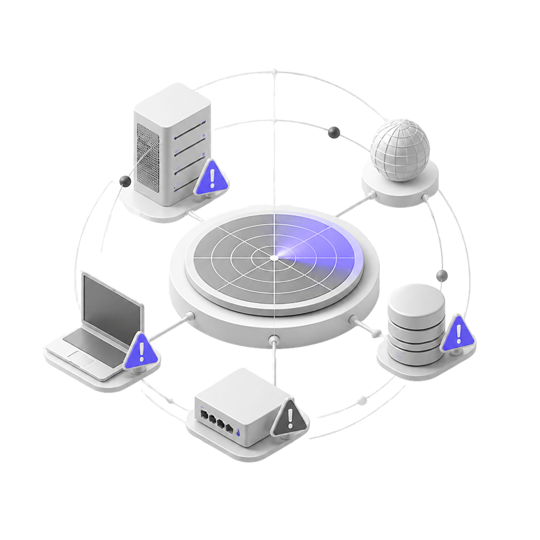 Network radar scanning with connected devices showing warning icons for server, laptop, router, and database.