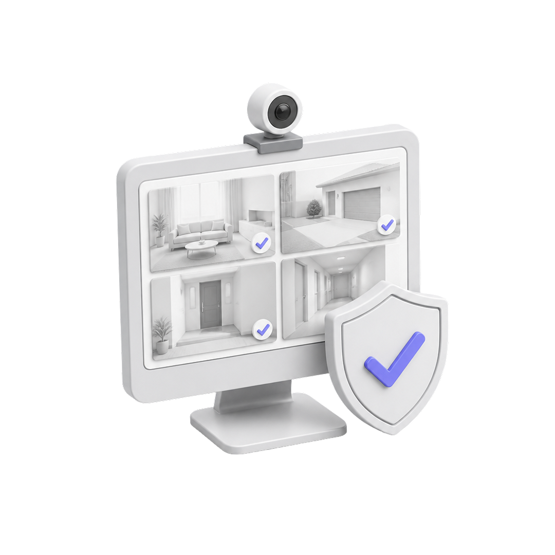 Monitor with security camera showing four surveillance views and shield with checkmark for protection.