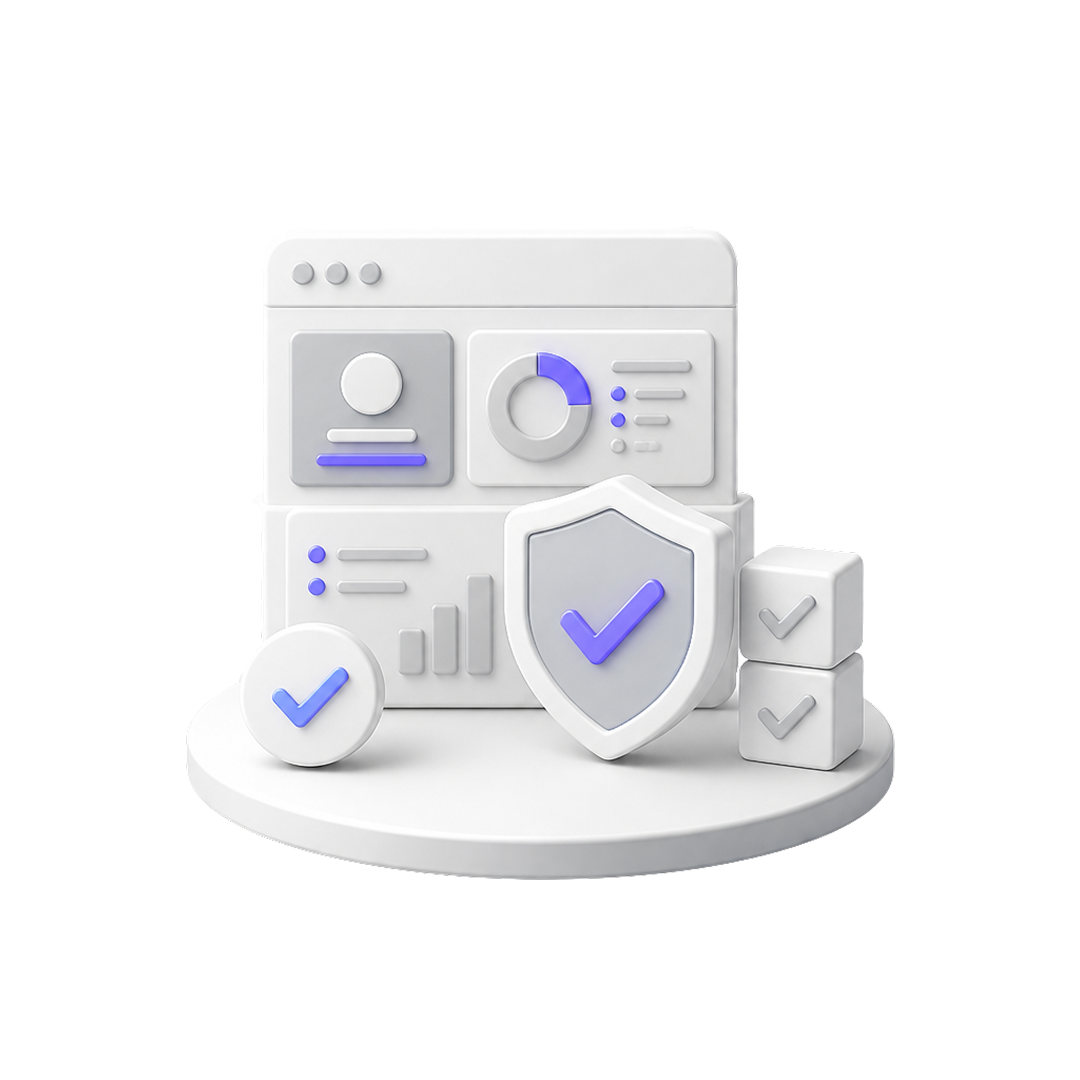 3D dashboard with charts, a shield, and check marks symbolizing security and data verification.
