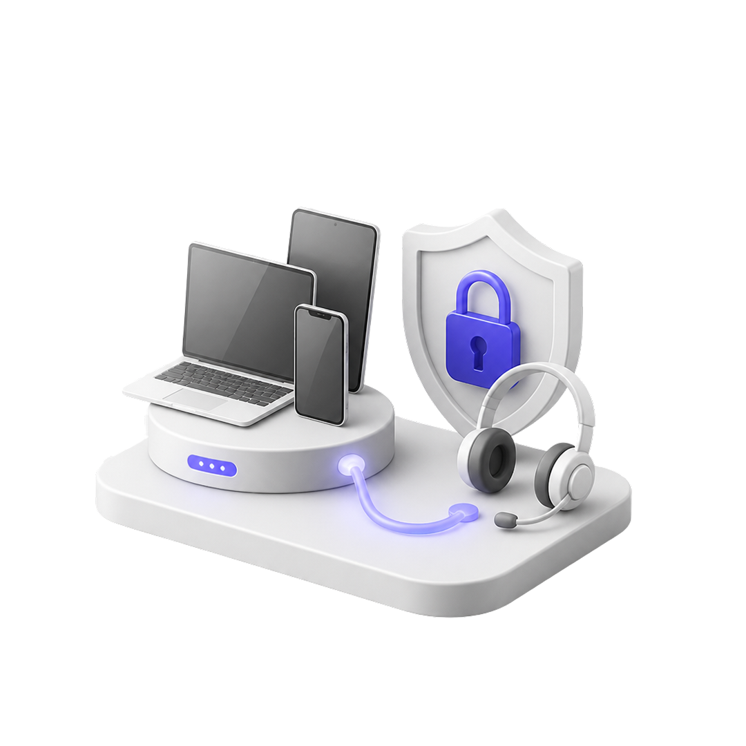 Digital devices on a platform connected to a headset and shield with lock symbol representing security.