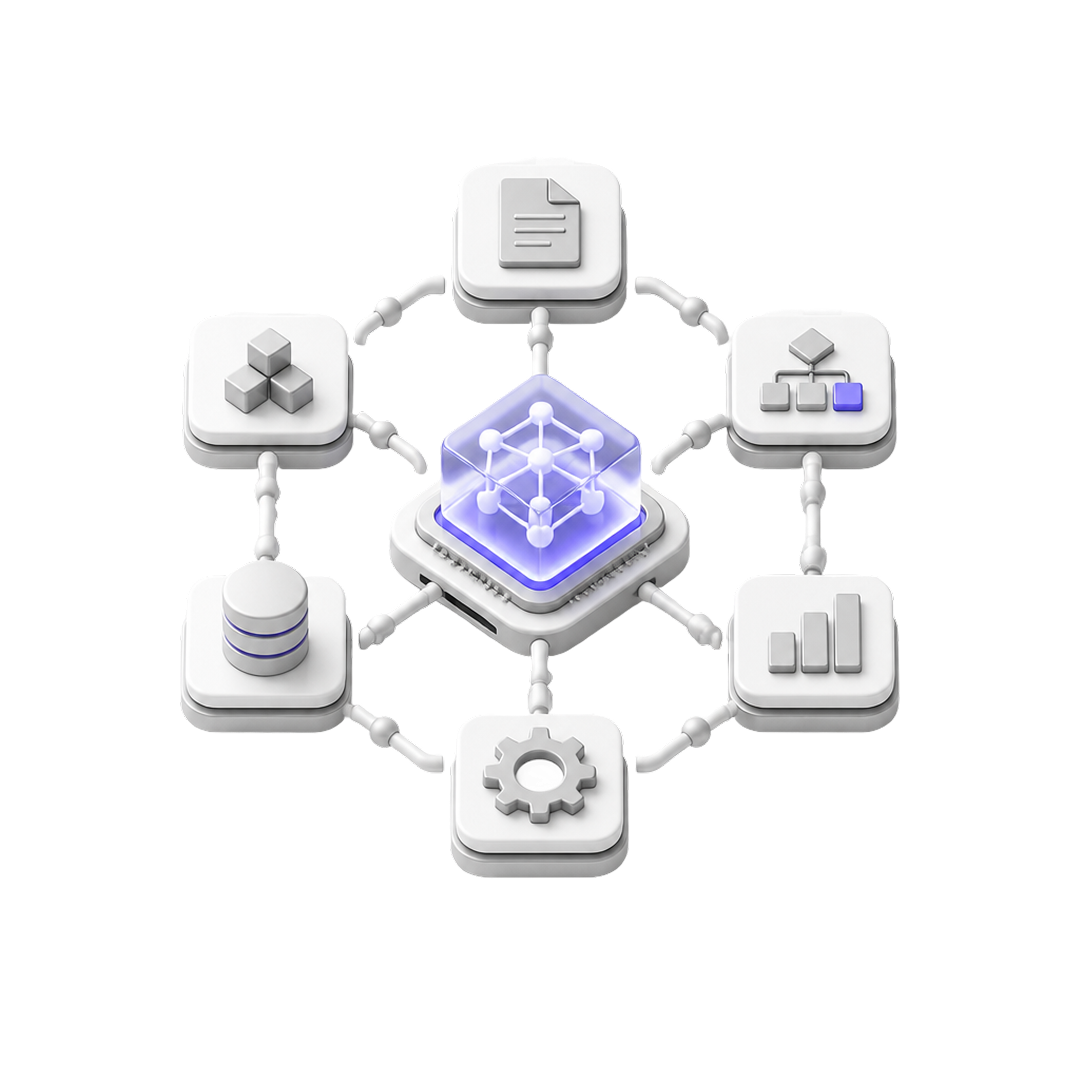 Central 3D cube network connected to six icons including document, database, gear, graph, blocks, and flowchart.