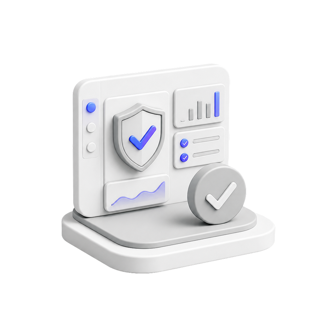 3D dashboard with shield and check marks representing security and verified data.