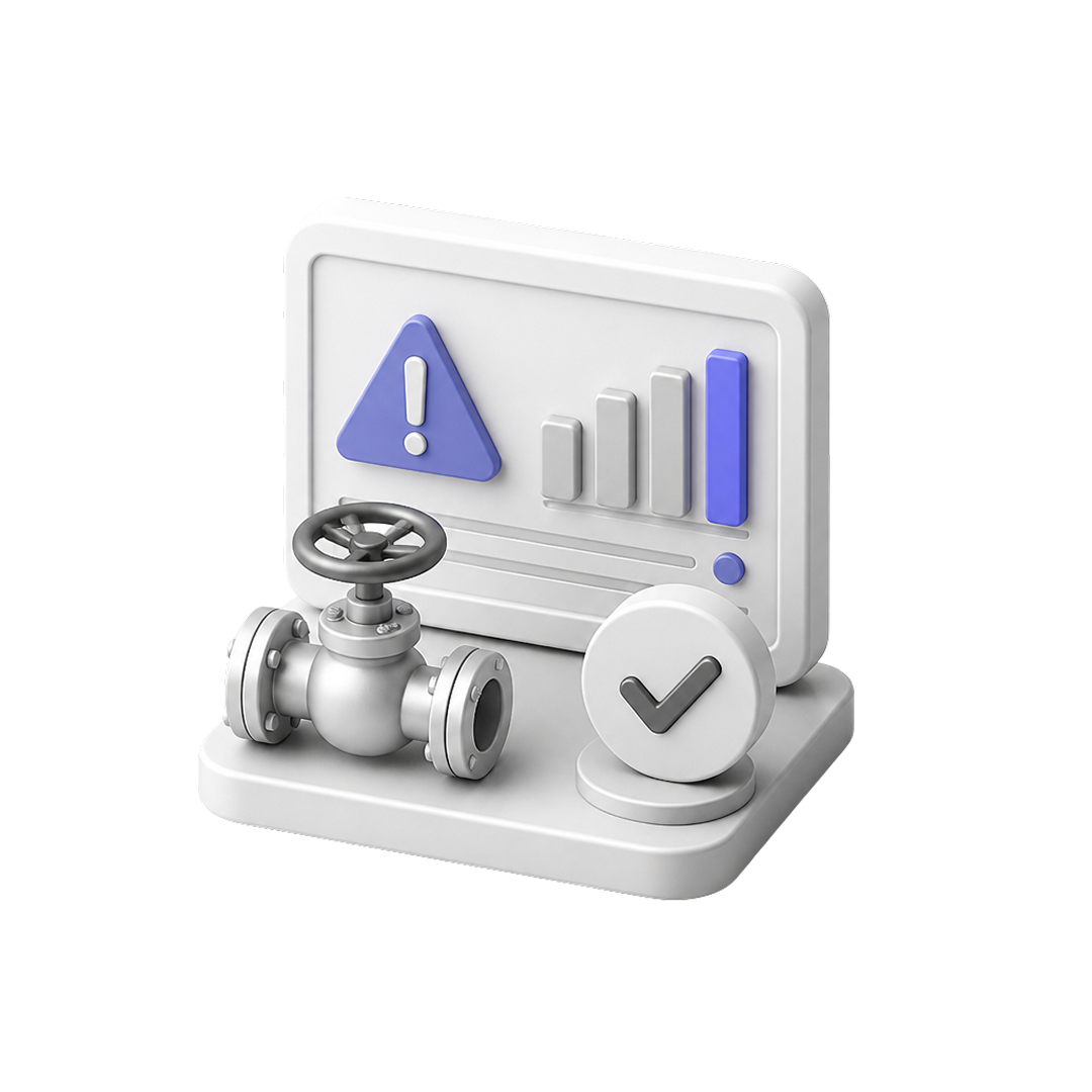 3D model of a valve, a checkmark button, and a screen with an exclamation icon and bar chart.