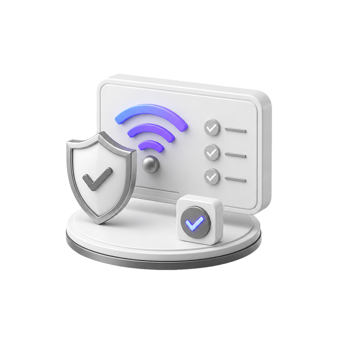 3D icon of shield, check mark, and Wi-Fi symbol representing secure wireless connection.