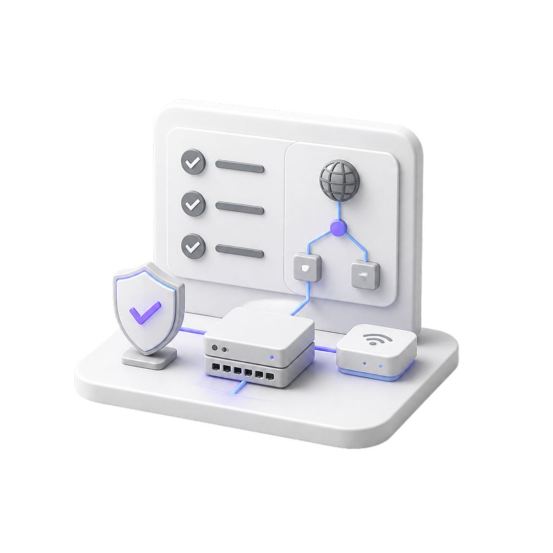 3D illustration of network devices connected with security shield and global network flowchart.