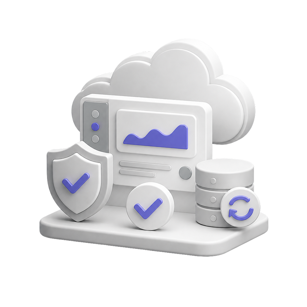 3D cloud computing concept with data storage, security shield, sync icon, and analytics on display.